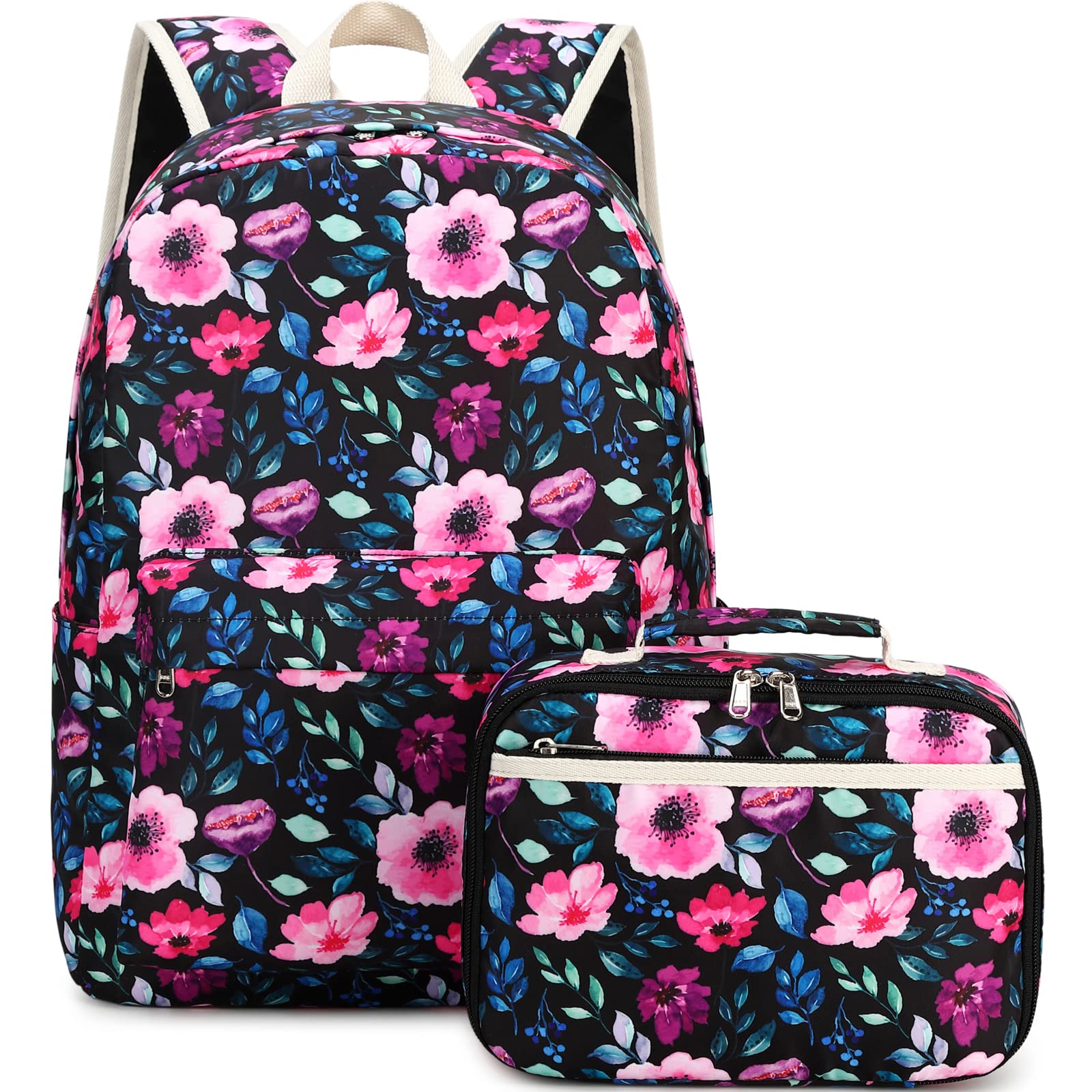 DSIUE Kids Backpack for Girls Elementary BookBags Teens Middle School Backpack with Lunch Box Flower Black