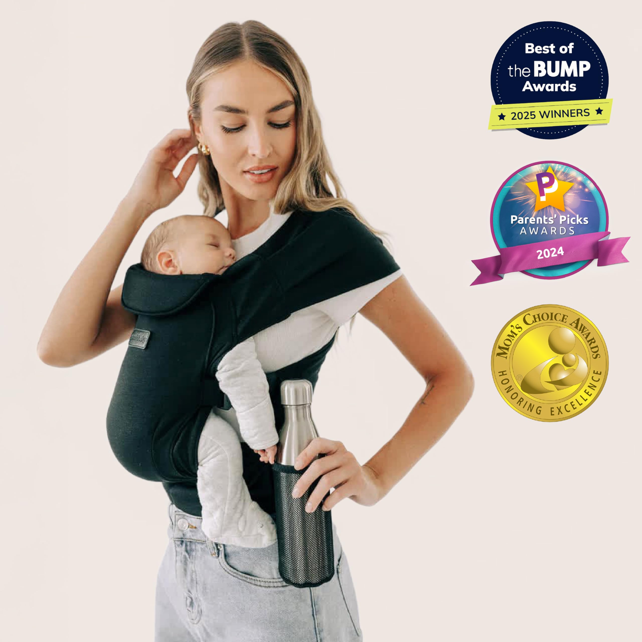 Tushbaby Pearl Babytrage für Neugeborene ab Geburt, 3,6-9 kg, Schwarz | Ergonomische Trage für Baby und Neugeborenes mit Stauraum, Flaschenhalter und Tuchbefestigung, verstellbare Gurte
