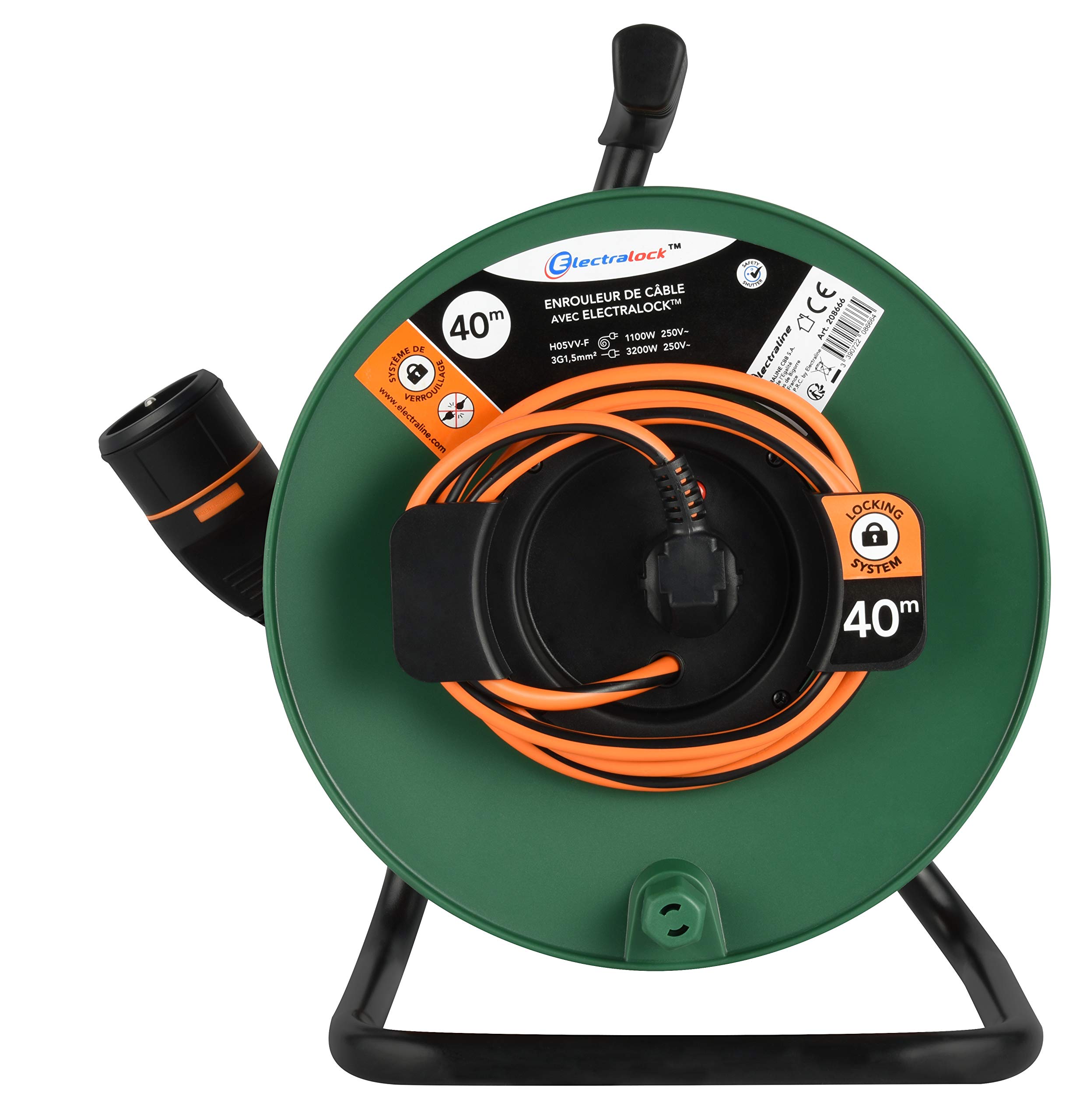 Electraline 208666 Rallonge Prolongateur Jardín avec Enrouleur 40M 3G1.5mm avec Fiche Femelle Français Electralock équipée d'un système de verrouillage qui empêche la déconnexione fiche-prise