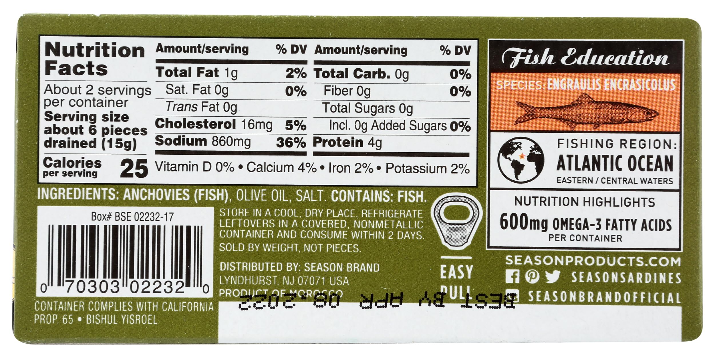 Season Brand Flat Fillets of Anchovies in Olive Oil, 2 oz