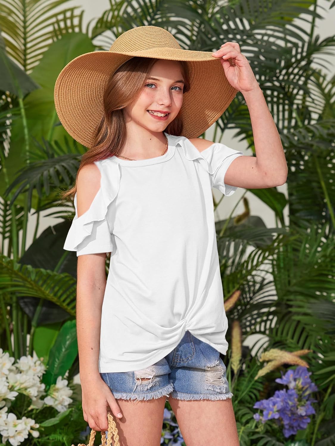 BesserBay Girls Summer Twist Front Tunic Tops Cold Shoulder Crew Neck Blouses Ruffle Trim Short Sleeve Shirts 5-14 Years - Image 5