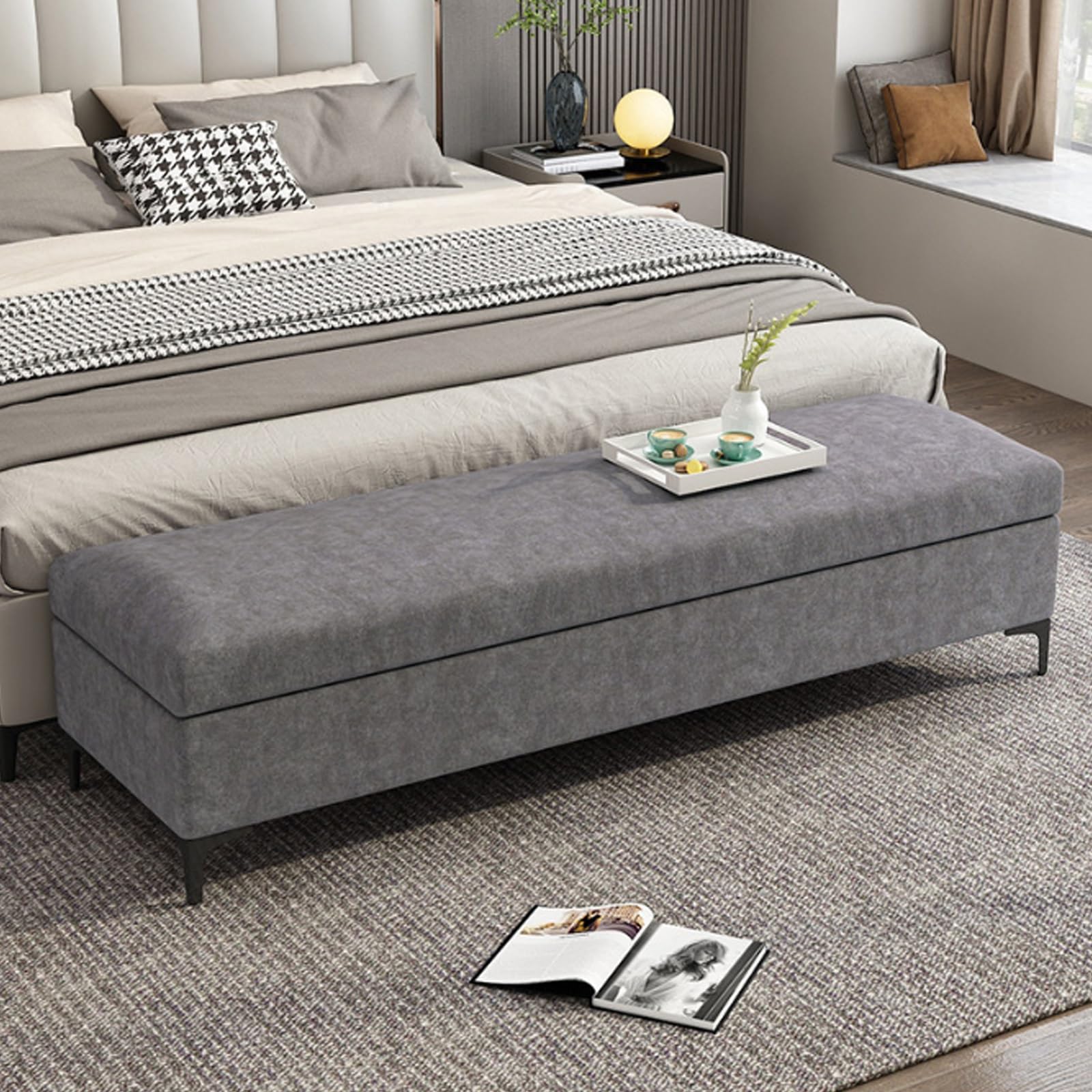 Panca contenitore da ingresso in velluto antigraffio per gatti, panca ottoman porta scarpe per corridoio con struttura in legno massello, soggiorno e camera da letto(Gray,120cm/47.2in)