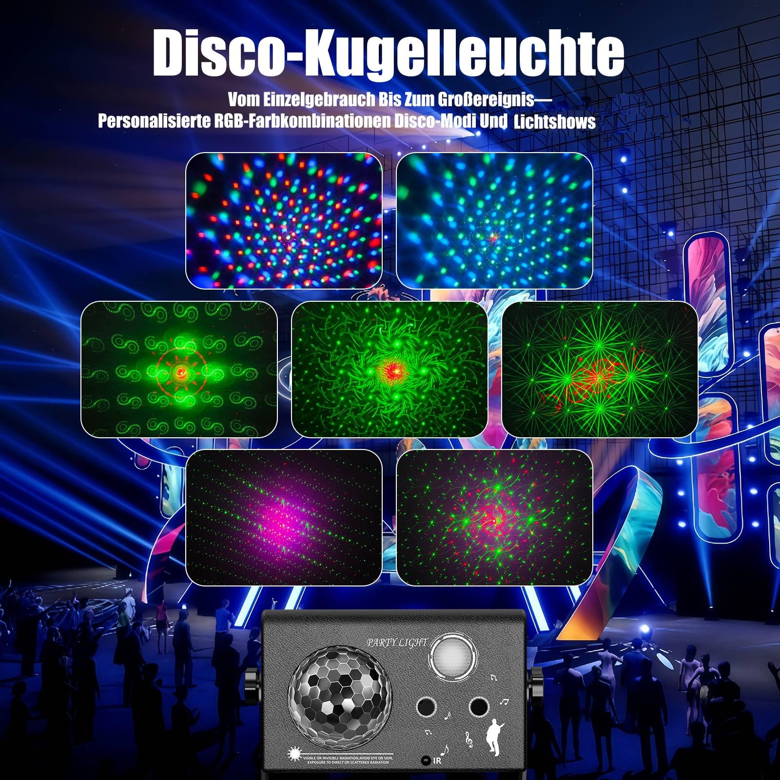 3-in-1 Discolicht Partylicht mit Fernbedienung, Musikgesteuert & Sprachsteuerung – Disco Licht RGB-LED, Discokugel-Effekt & 72 Mustern für Party, Club, Weihnachten, Halloween