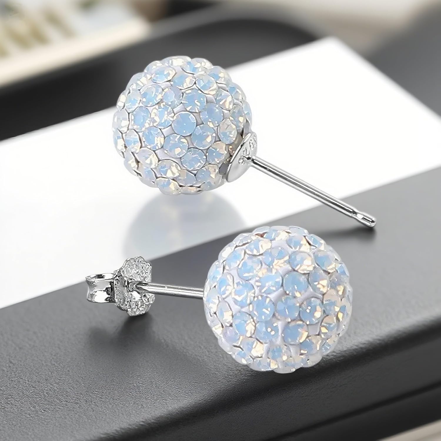 925 Sterling Silver Sparkle Crystal Round Disco Ball Opal Stud Earrings for Women 6/8/10/12mm - Image 4