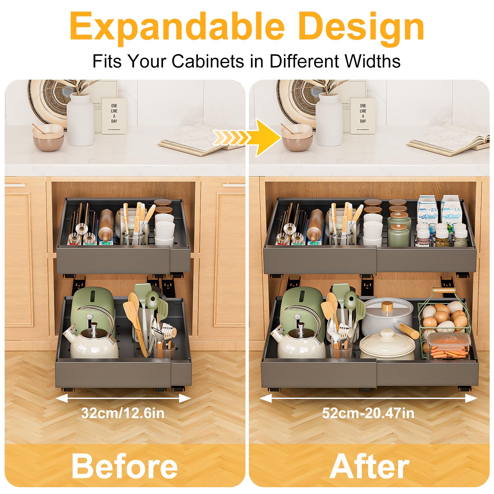 2 Stück Teleskopschublade, Ausziehbare Schublade Küche Erweiterbar Ausziehbare Schubladen Küchenschrank Organizer Küche Ausziehbar Schrank Organizer Kein Bohren Expandierbare Breite 32-52cm (grau)