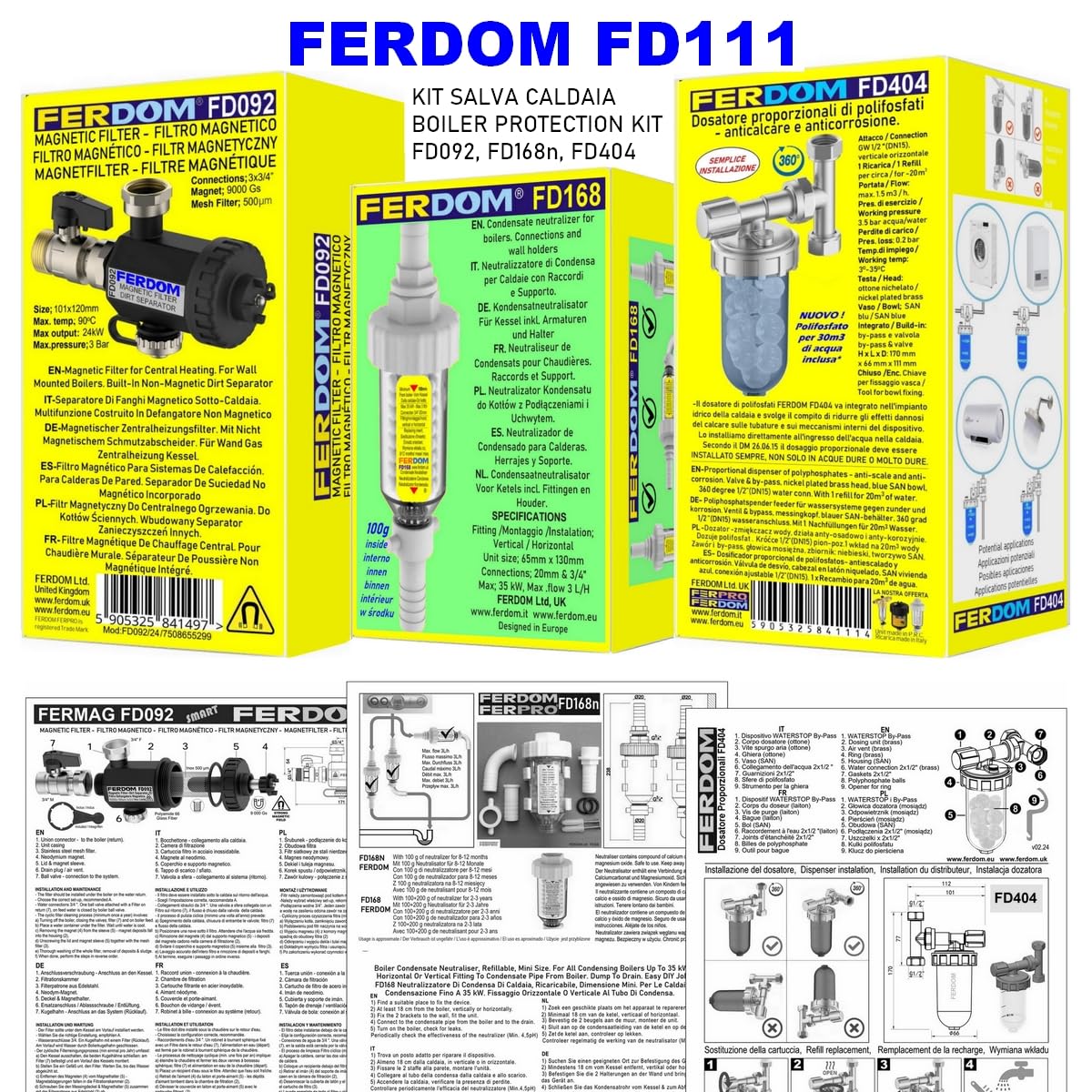 KIT SALVA CALDAIA FD111 Ferdom. 3In1. Filtro Defangatore Magnetico Sottocaldaia +Anticalcare Dosatore Proporzionale Di Polifosfati +Neutralizzatore Di Condensa. Per caldaie fino a 24kW. Fai-da-te. NEW