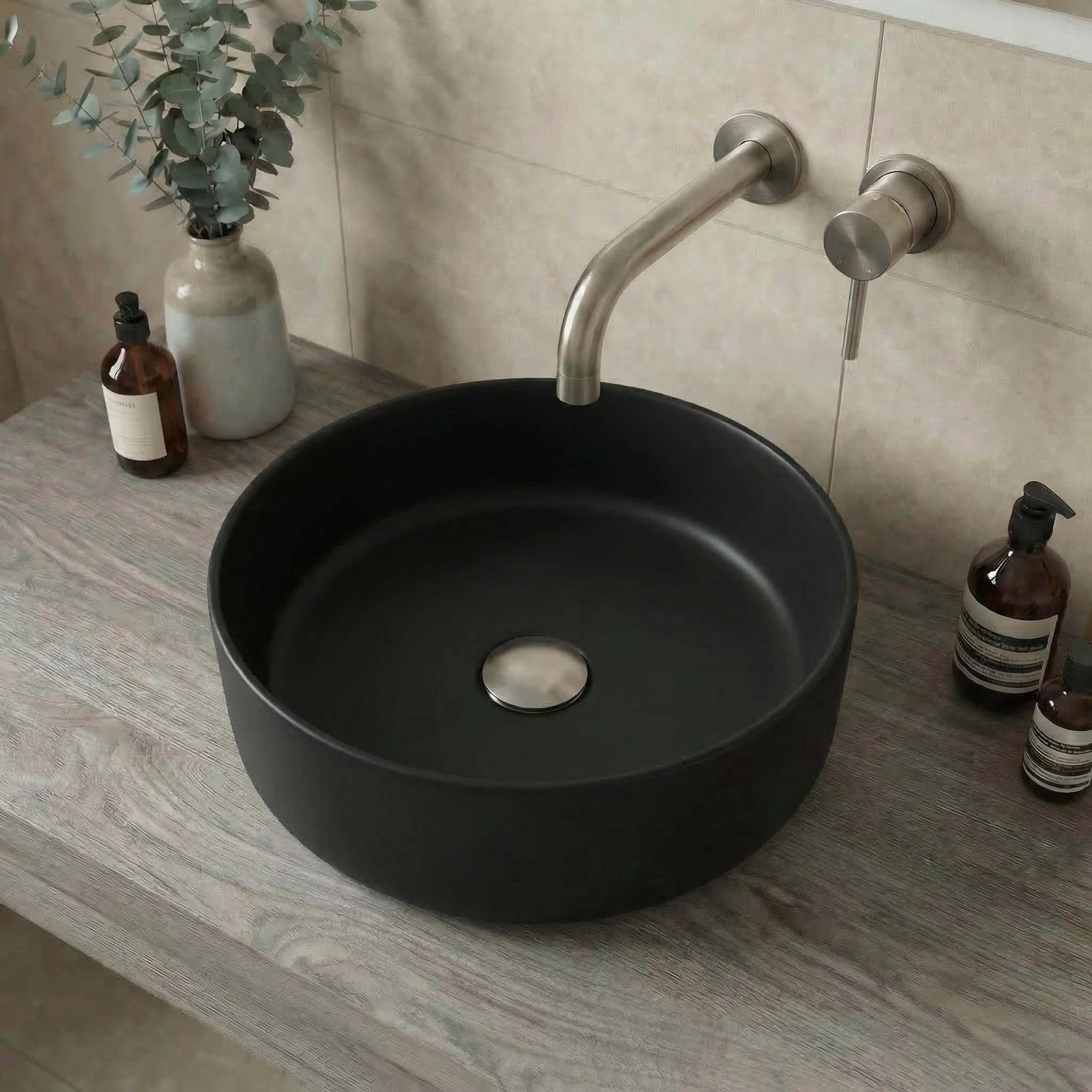 Affine® Countertop Basin for Bathroom and Cloakroom Hand Wash Basins Sink Modern Matt Black Round 352 x 352mm
