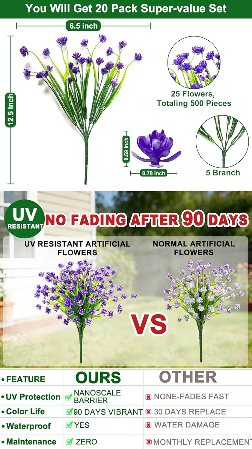 TURNMEON 20 Bundles Artificial Flowers for Outdoors, Spring Grass Camellia Fake Flowers Plastic Plants, UV Resistant No Fade Faux Greenery for Gardens Porch Summer Cemetery Decor 500 Heads(Purple)