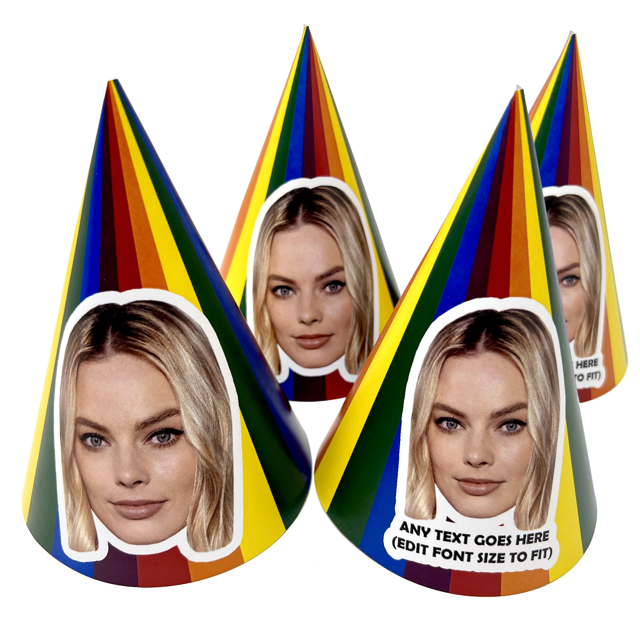 Personalised Party Hats - With Face Photo and Text of your choice - Custom Card kits For Birthdays, Weddings, Stag Dos, Hen Parties, 18th 21st 30th 40th 50th 60th - Rainbow - Pack of 20