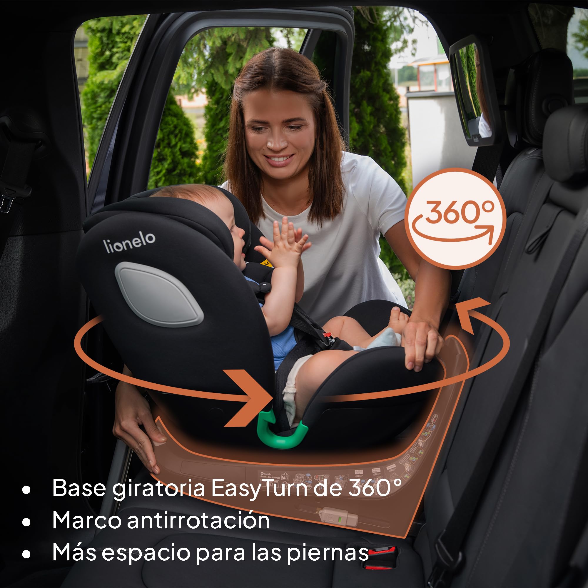 LIONELO BRAAM i-Size Silla de Coche para Bebé Giratoria 0-36kg, Instalación Delantera y Trasera, sistema de anclaje ISOFIX+, pie estabilizador, Reposacabezas y Respaldo Ajustable