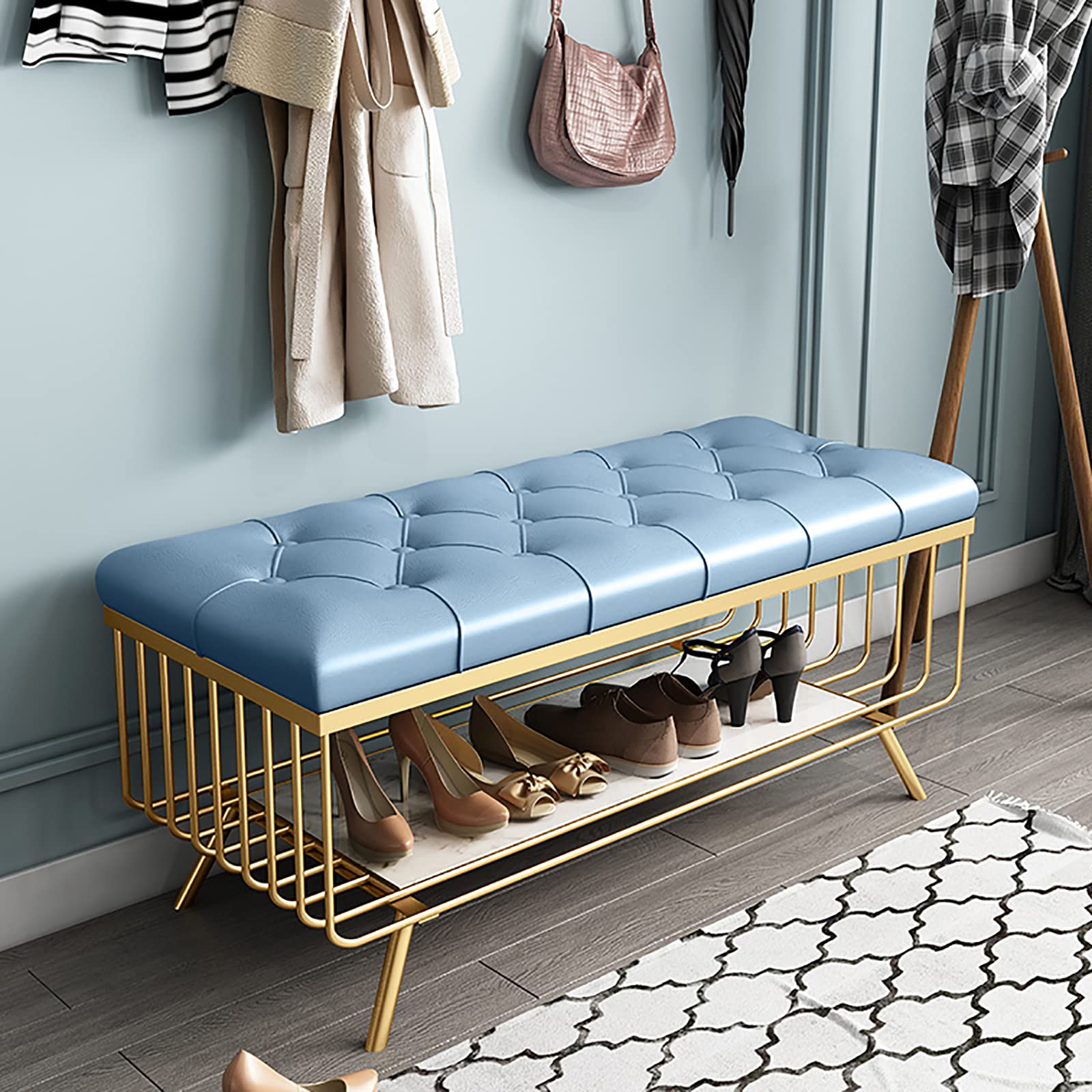 MYUYEE Premium Marble & Metal Shoe Rack Bench Shoe Orga,Modern Porch Bench Seat End Of Bed Storage Bench,Entryway Shoe Bench With Pu Leather Seat-Blue 100X35X45Cm(Blue-80X35X45Cm)