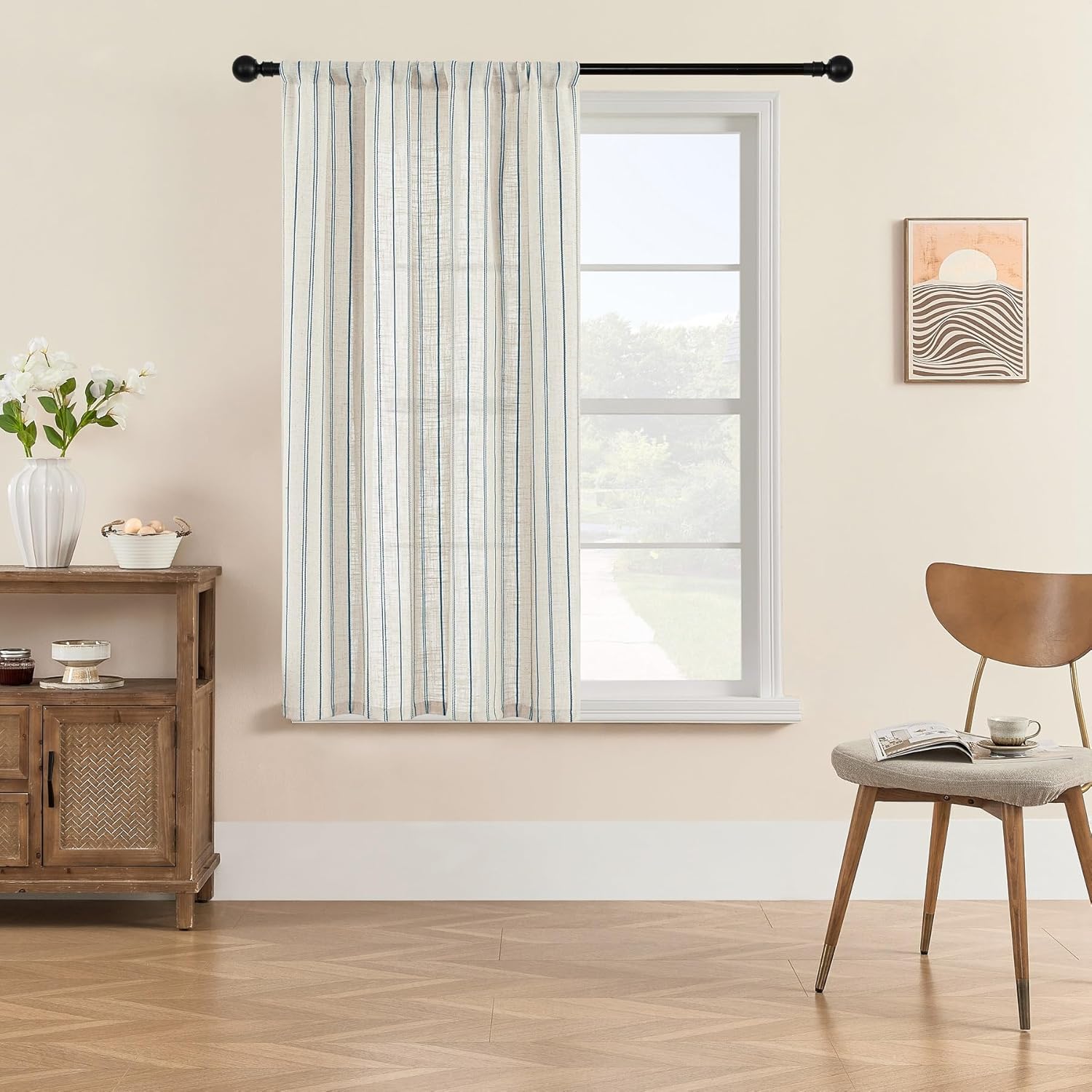 タイアップストライプリネンカーテン プライバシーカーテン マルチハンギングウェイシェード 断熱バルーンウィンドウロッドポケット カジ