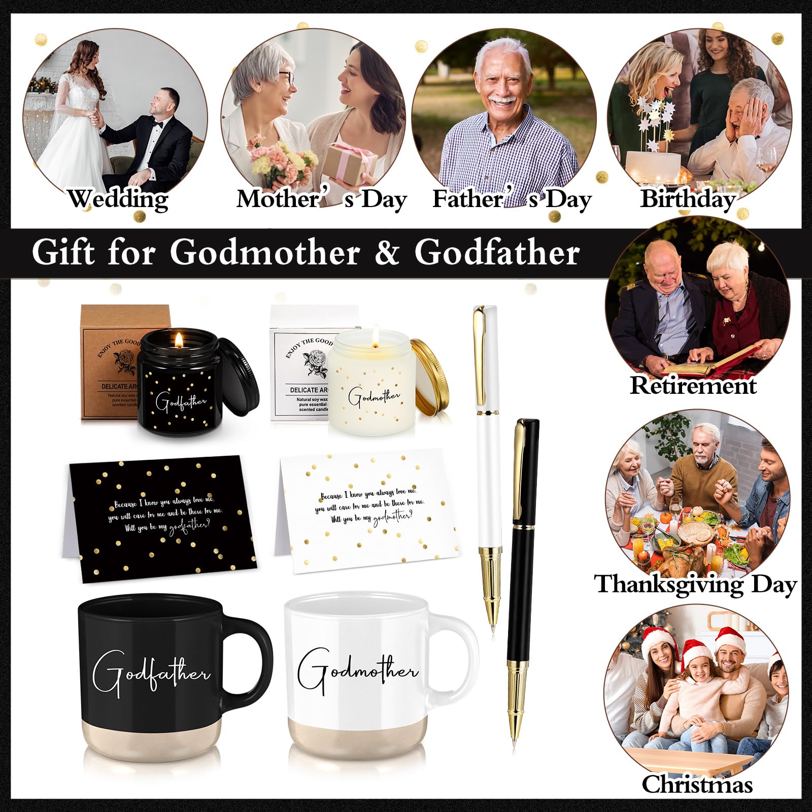 2 Sets 8 Pcs Godparents Proposal Gift Madrina Padrino Mug Will You Be My Godparents from Godchild Card Scented Candle Jar Pen Baptism Gift for Mother's Day Father's Day Godmother Godfather(English)