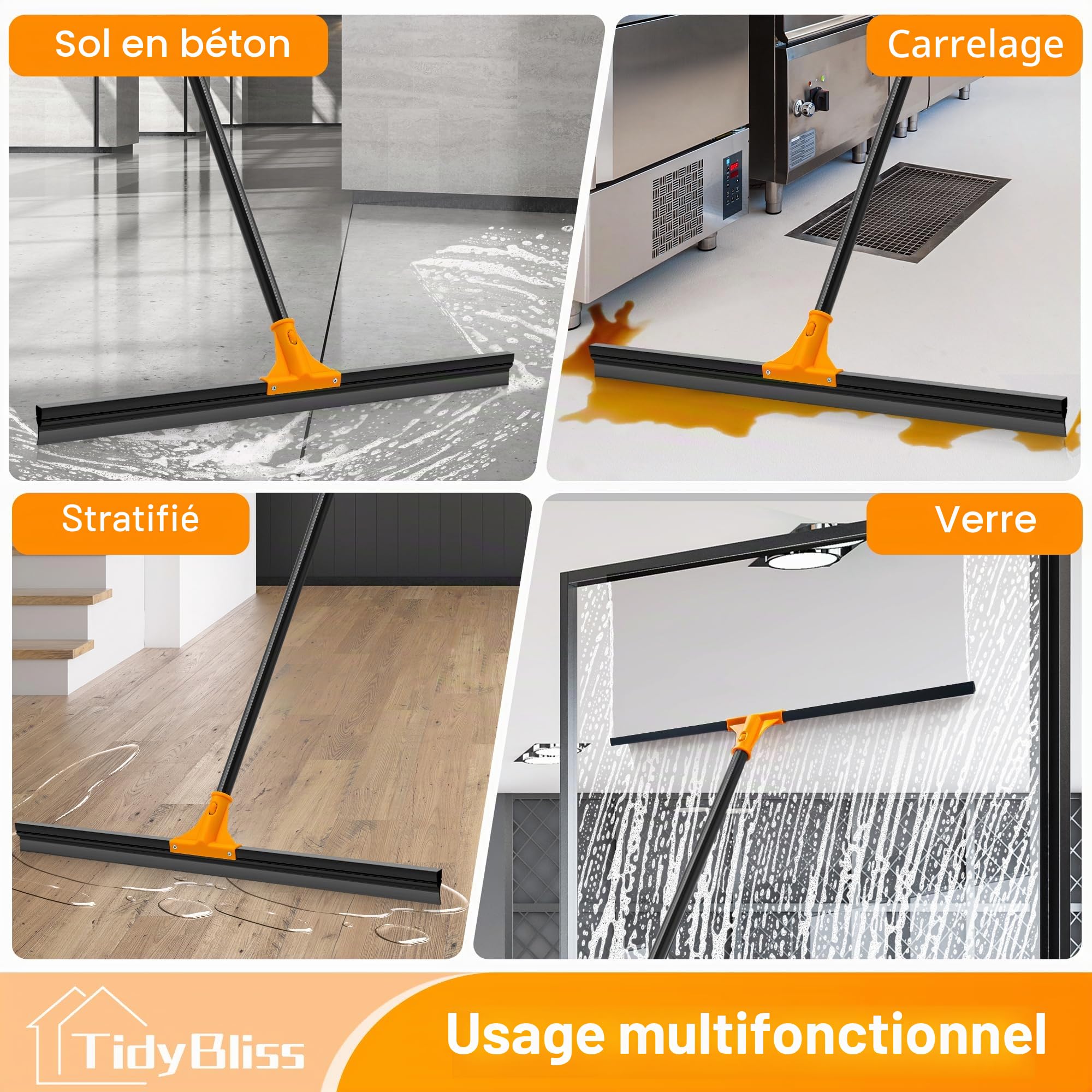 TidyBliss Balai Raclette Sol Extérieur Terrasse Professionnelle de Large 76 cm avec Manche Long 148 cm, Laveur pour la Salle de Bain, Cour, Garage, Douche, Fenêtre (Orange)