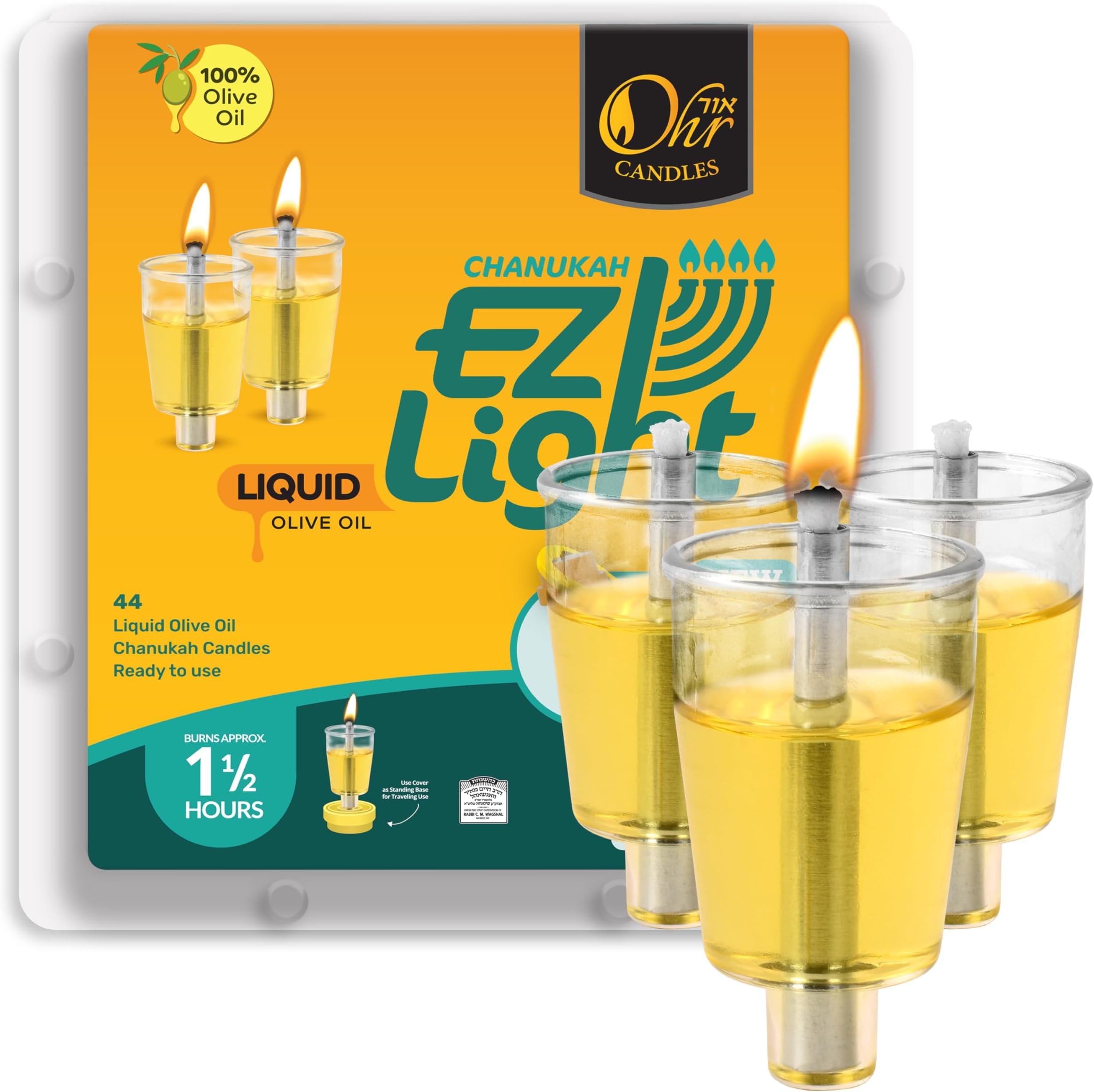 Pre-Filled Menorah Oil Cup Candles - Hanukkah EZ Lights - 100% Olive Oil with Cotton Wick in Cup - 44 Pack, Burns Approx. 1 1/2 Hrs
