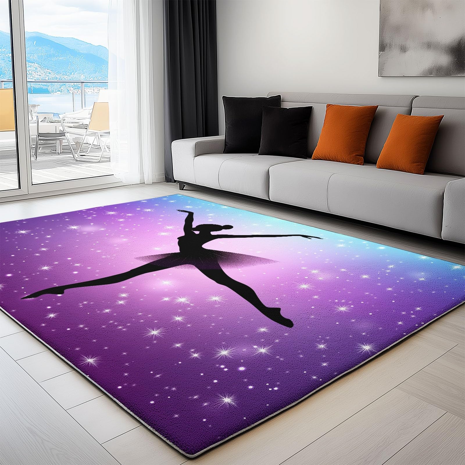 Tappeto Soggiorno 80x150 cm, Tappeto Salotto Ragazza ballerina cielo stellato viola Morbido Scendiletto Camera da Letto Viola Tappeti Lavabili per Cameretta Bambino Ufficio Cucina