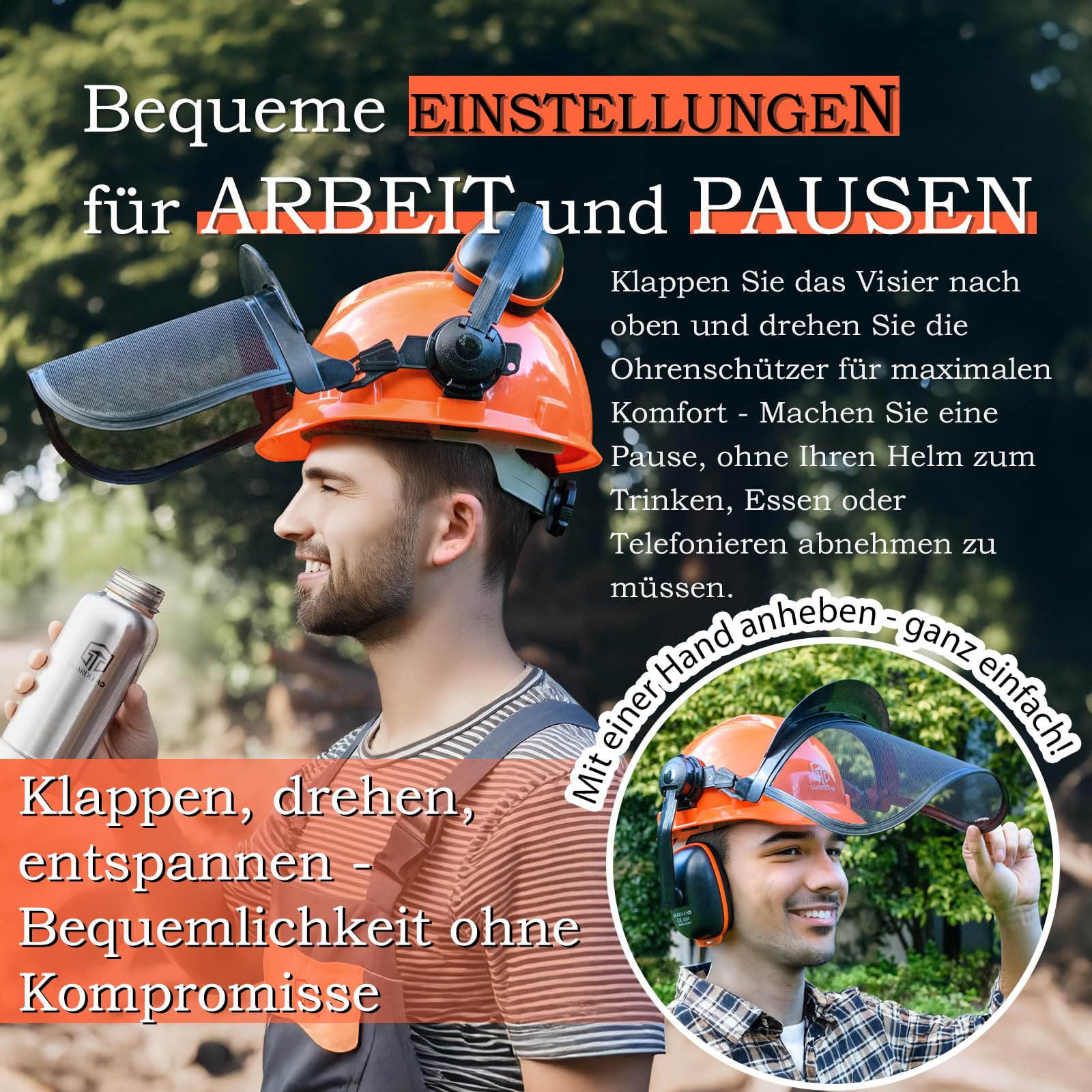Kettensäge Helm mit Visier und Gehörschutz, Forsthelm für Herren gesichtsschutz, Helm Motorsäge, Sicherheitshelm, Abnehmbare Anti-Beschlag-Brille und Kinnband