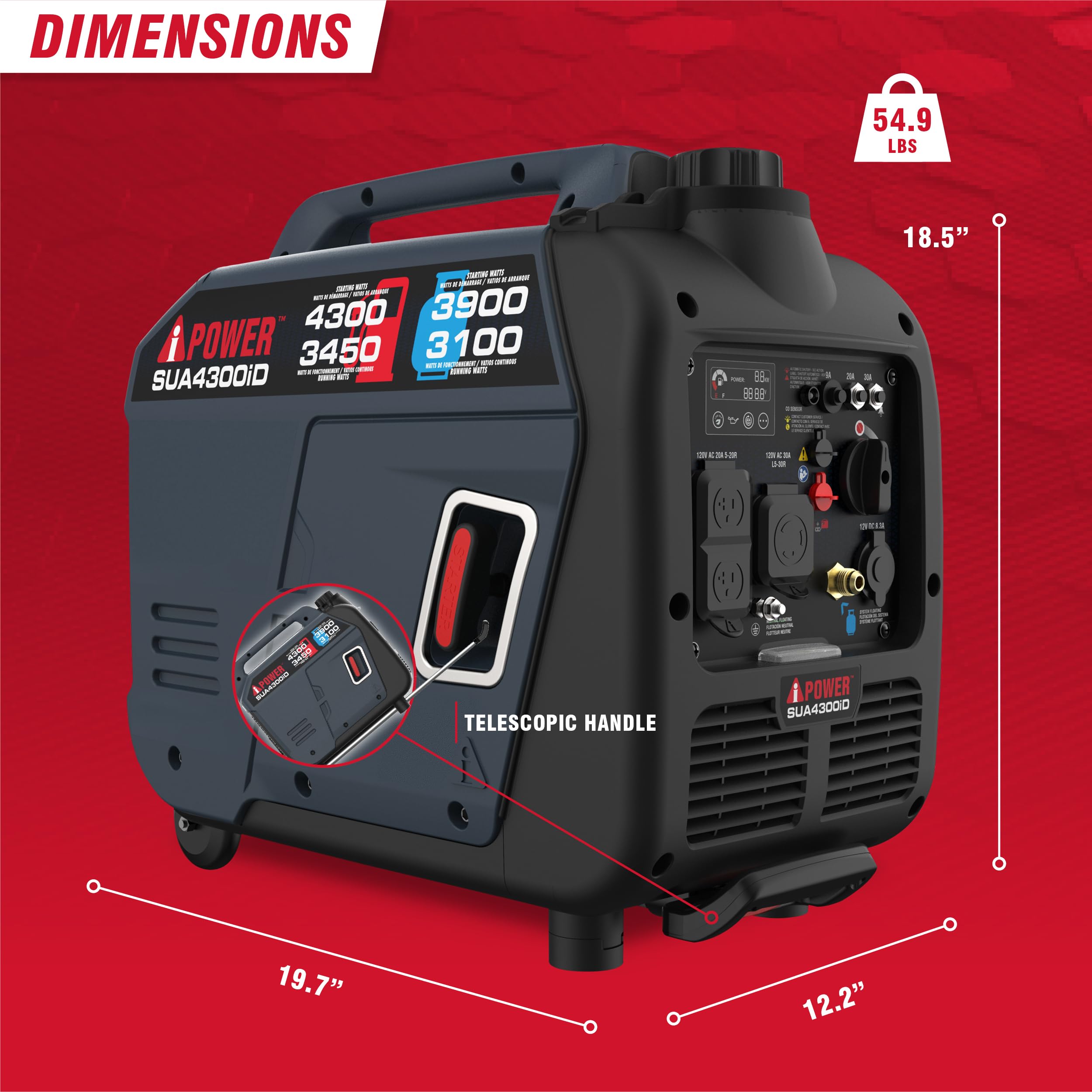 A-iPower Generatore inverter portatile a doppio carburante, 4300 W pronto per camper, sensore di CO conforme a EPA e CARB, leggero con manico telescopico per uso domestico, tailgating e campeggio