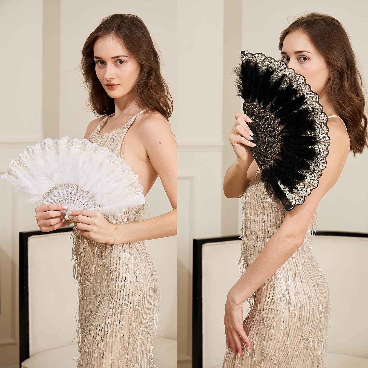 Happy Feather Embroidered Flower Marabou Feather Fan, 1920s Vintage Style Flapper Hand Fan for Costume Party Dancing-Black