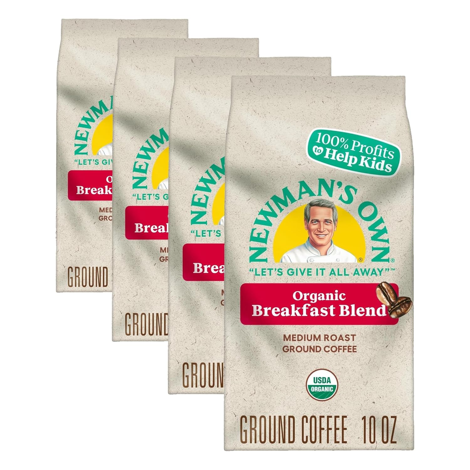 Newman's Own Organics Breakfast Blend, Ground Coffee, Fair Trade Certified, Medium Roast, Bagged 10oz, (Pack of 4)