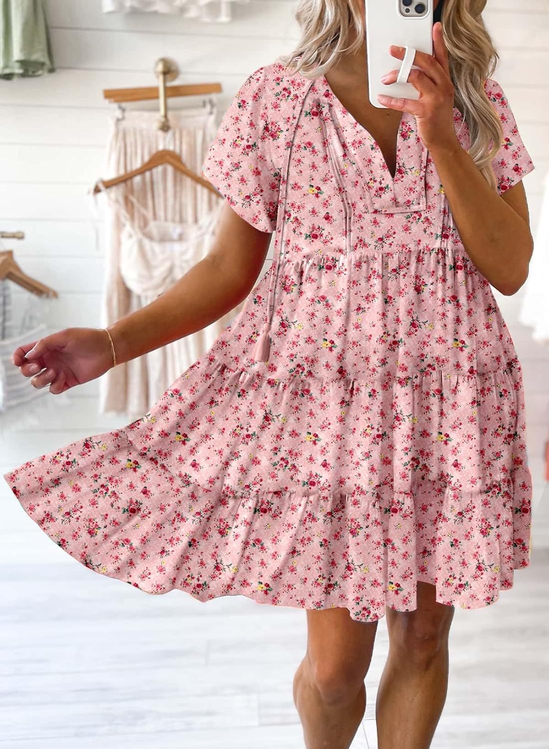 Dokotoo Womens Summer Casual Boho Floral Dresses 2026 V Neck Short Sleeve Sundresses Flowy Swing A-Line Mini Dress - Image 2
