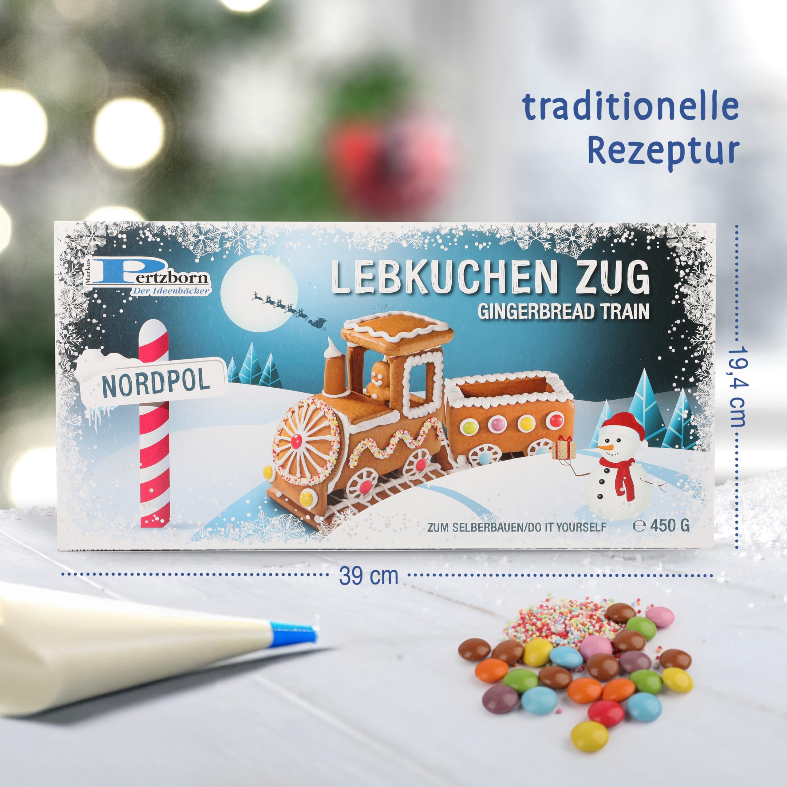 Pertzborn Lebkuchen Zug zum Selberbauen – 450g mit Lokomotive & Wagon – Essbare Weihnachtsdeko mit Schokolinsen und Nonpareilles – Einfache Anleitung für Weihnachtsspaß