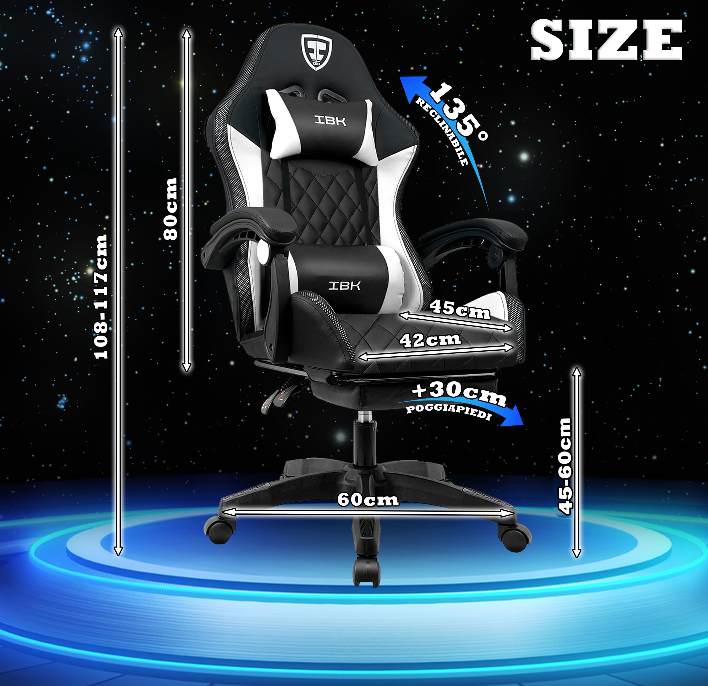 IBK Sedia da Gaming professionale, similpelle, massaggiante, supporto lombare, Led RGB, casse bluetooth, regolabile in altezza, schienale reclinabile, pistone a gas classe 3, Ufficio PC (Bianco)