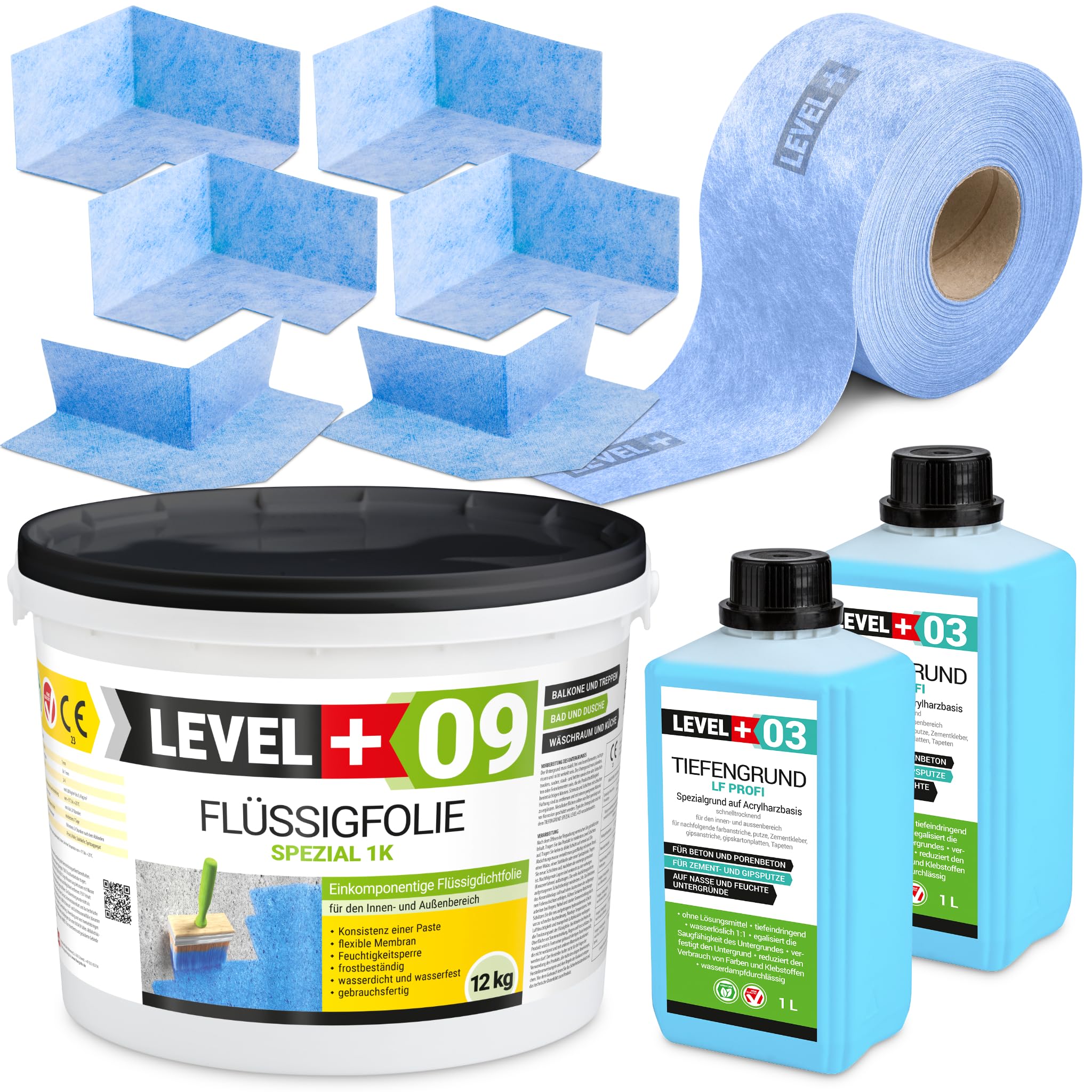 Dicht-Set 12 Kg Flüssigfolie, Tiefengrund 2 L, 15m Dichtband, 4 Innenecken, 2 Außenecke, Balkonabdichtung Terrasse Keller Bad SET60