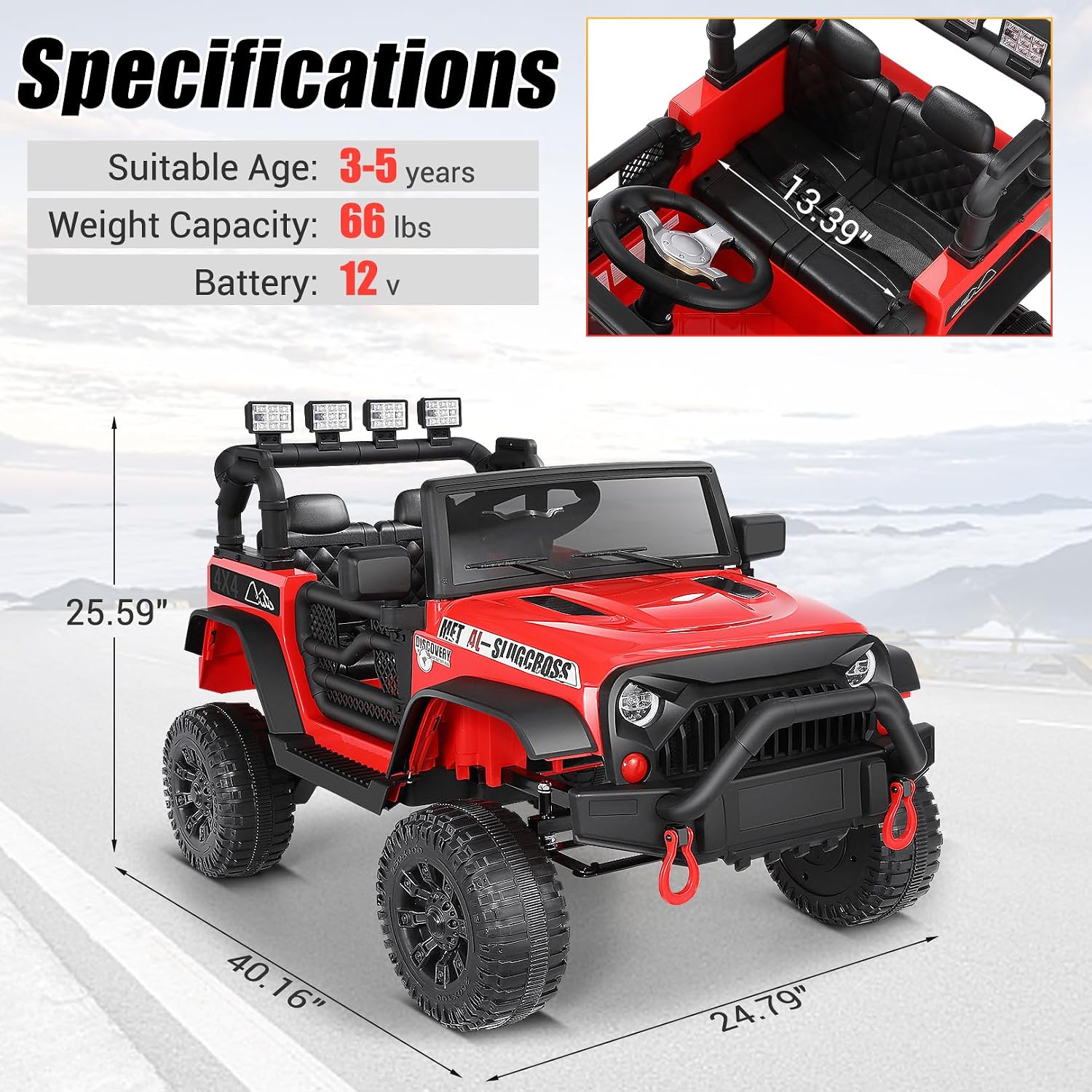 Hikole Ride on Car w/Remote Control, Kids Car Toys, 12V Electric Vehicles for Kids, Multi-Function Dashboard,4 Treaded Wheels, LED Lights, 1.8-3.1Mph, Music Player&Horn, Hot Red