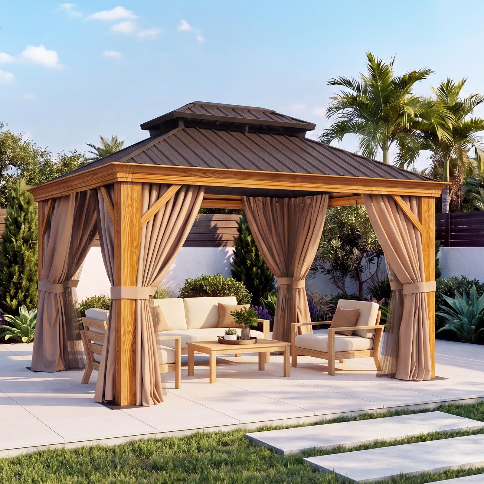 Aoxun 10' x 12' Hardtop Gazebo with Drainage System, Wooden Finish