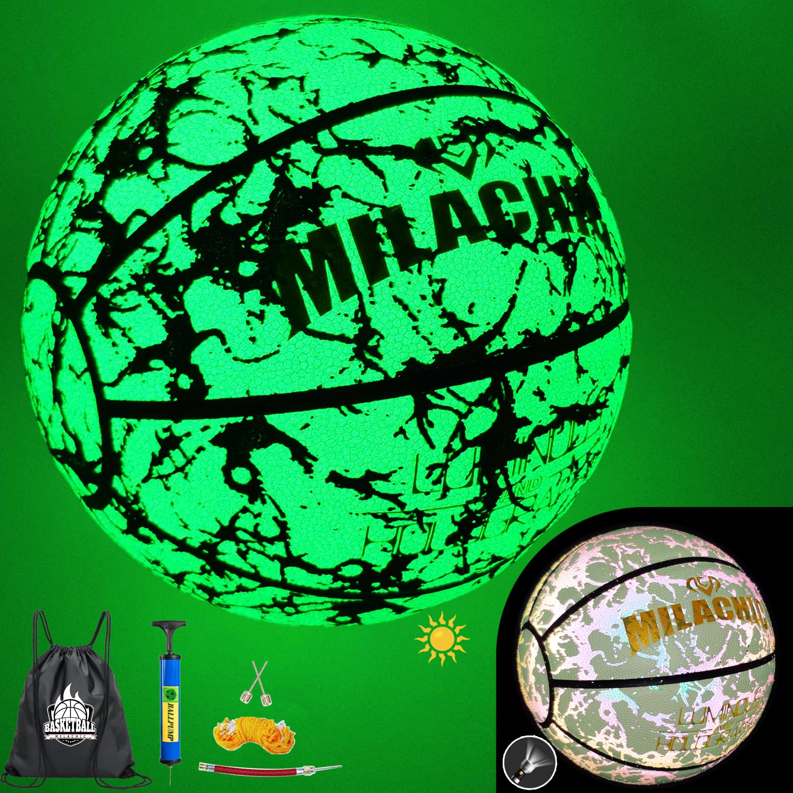 MILACHIC Glow in The Dark Holographic Basketball - Official Size 7 Indoor Outdoor Luminous Glowing Leather Basketball 29.5" - with Pump