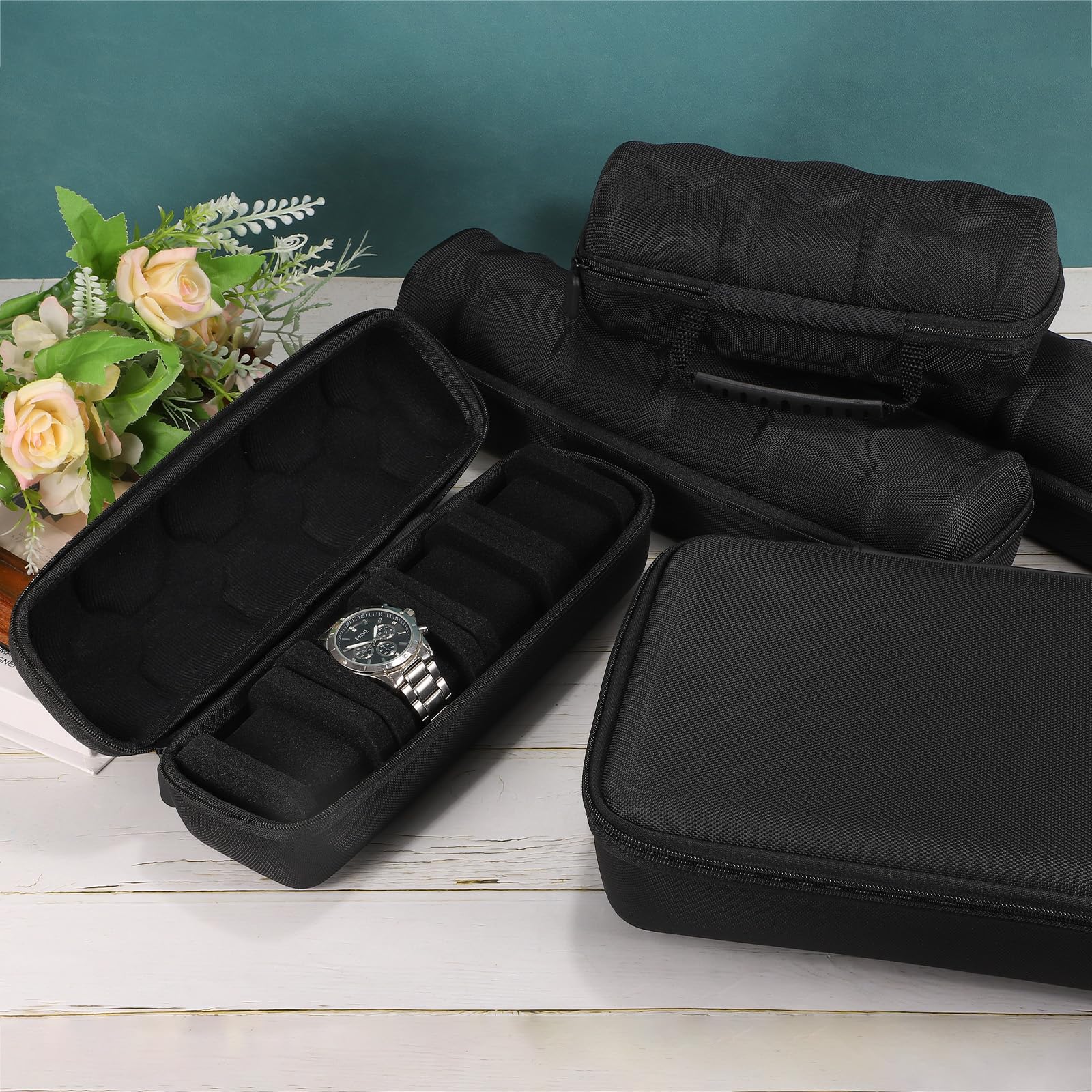 uxcell Custodia rigida da viaggio per orologi con 6 scomparti, organizer per uomini e donne, con morbido cuscino, per la maggior parte degli orologi e orologi intelligenti fino a 40 mm, nero
