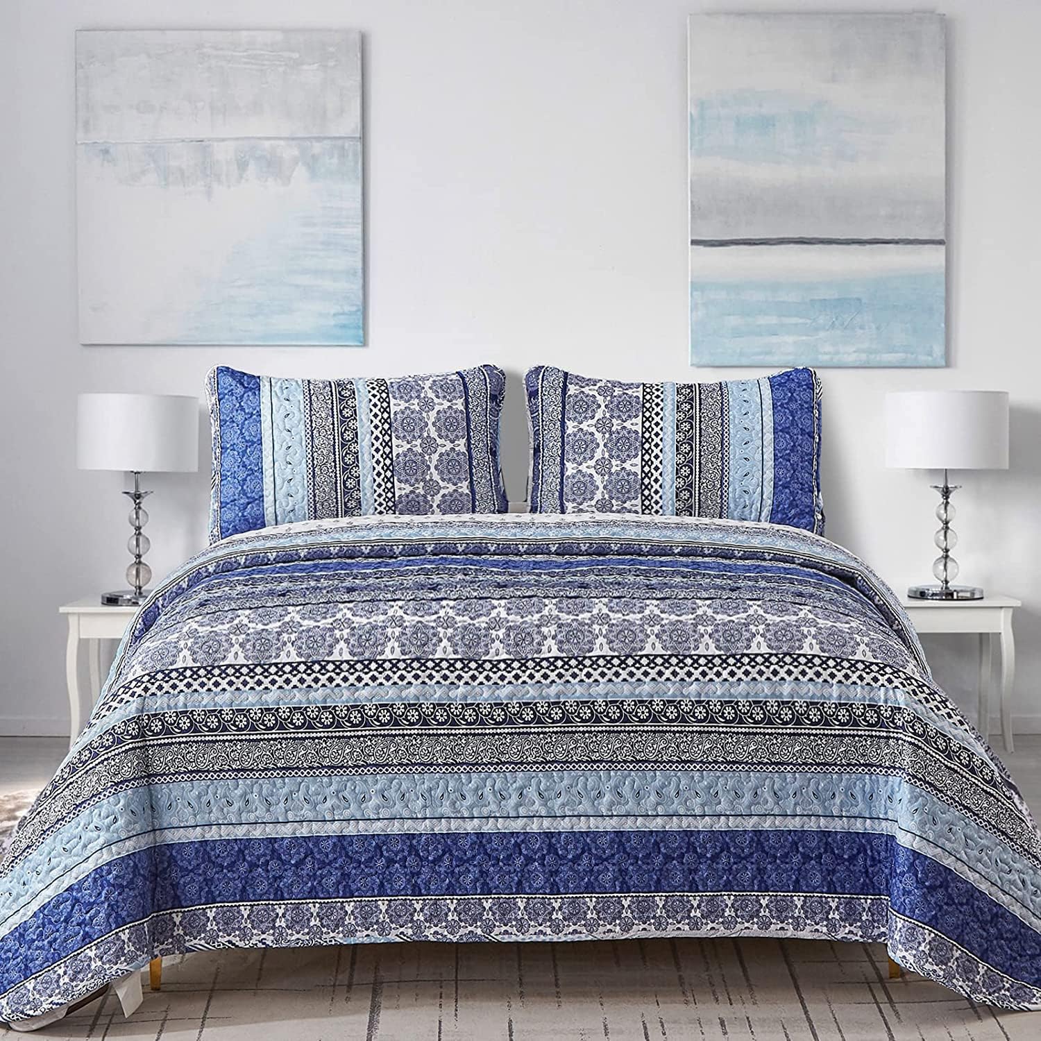 WONGS BEDDING Boho Quilt Set Queen Size, Blue Bohemian 3 Pieces Quilt Sets, Lightweight Bedspread Coverlet Bedding Set for All Season (96"x90")