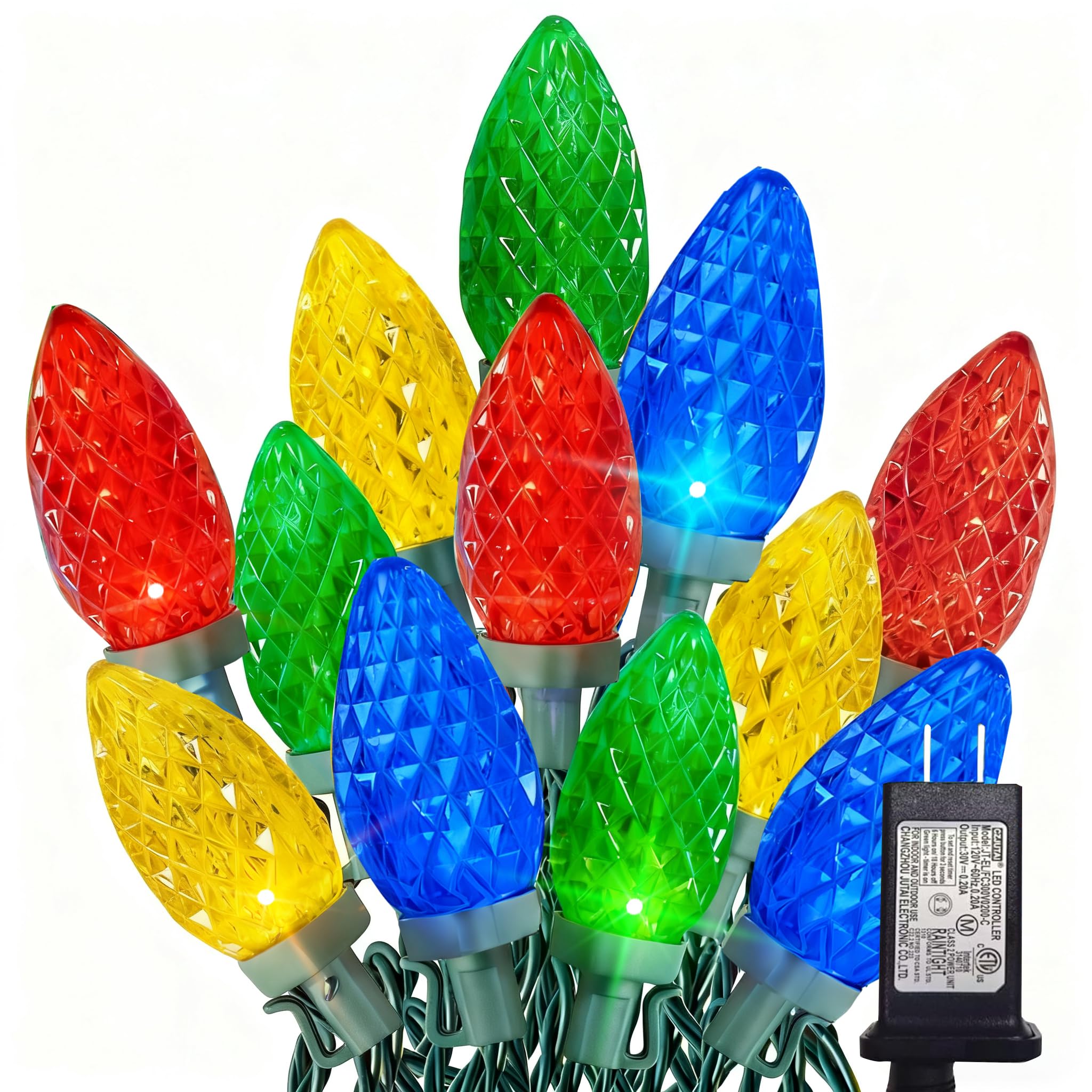 Dazzle Bright C9 Christmas String Lights, 100 LED 66 FT Waterproof Connectable Green Wire Fairy Lights, Christmas Lights for Indoor Outdoor Home Yard Xmas Tree House Decorations (Multi-Colored)