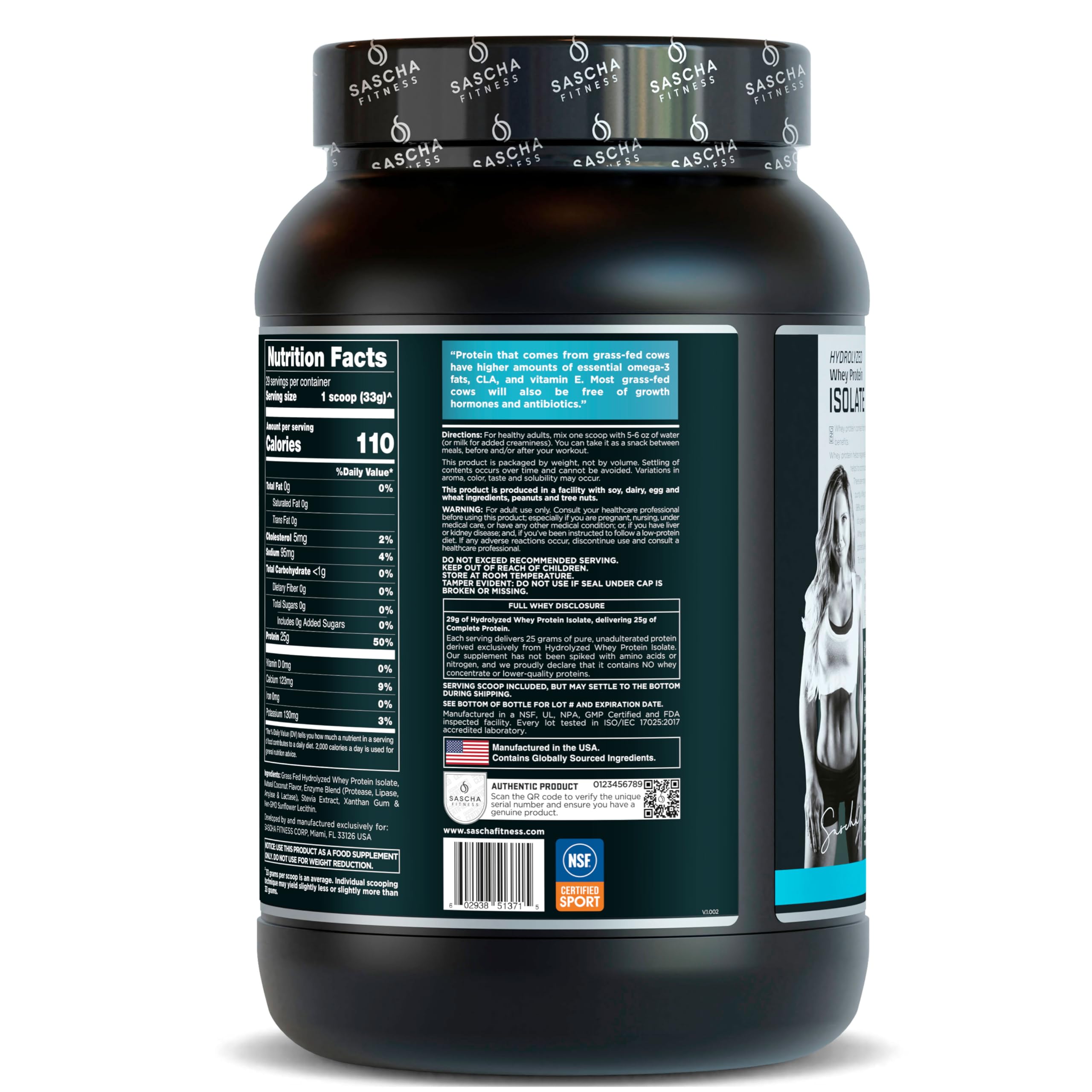 SASCHA FITNESS Proteína Whey Isolate Hidrolizada Grass Fed - Sabor Coco - Sin Lactosa, Sin Azúcar, Sin Gluten - Con Enzimas Digestivas y Stevia - Baja en Calorías y Grasa - 957g (29 Servicios)