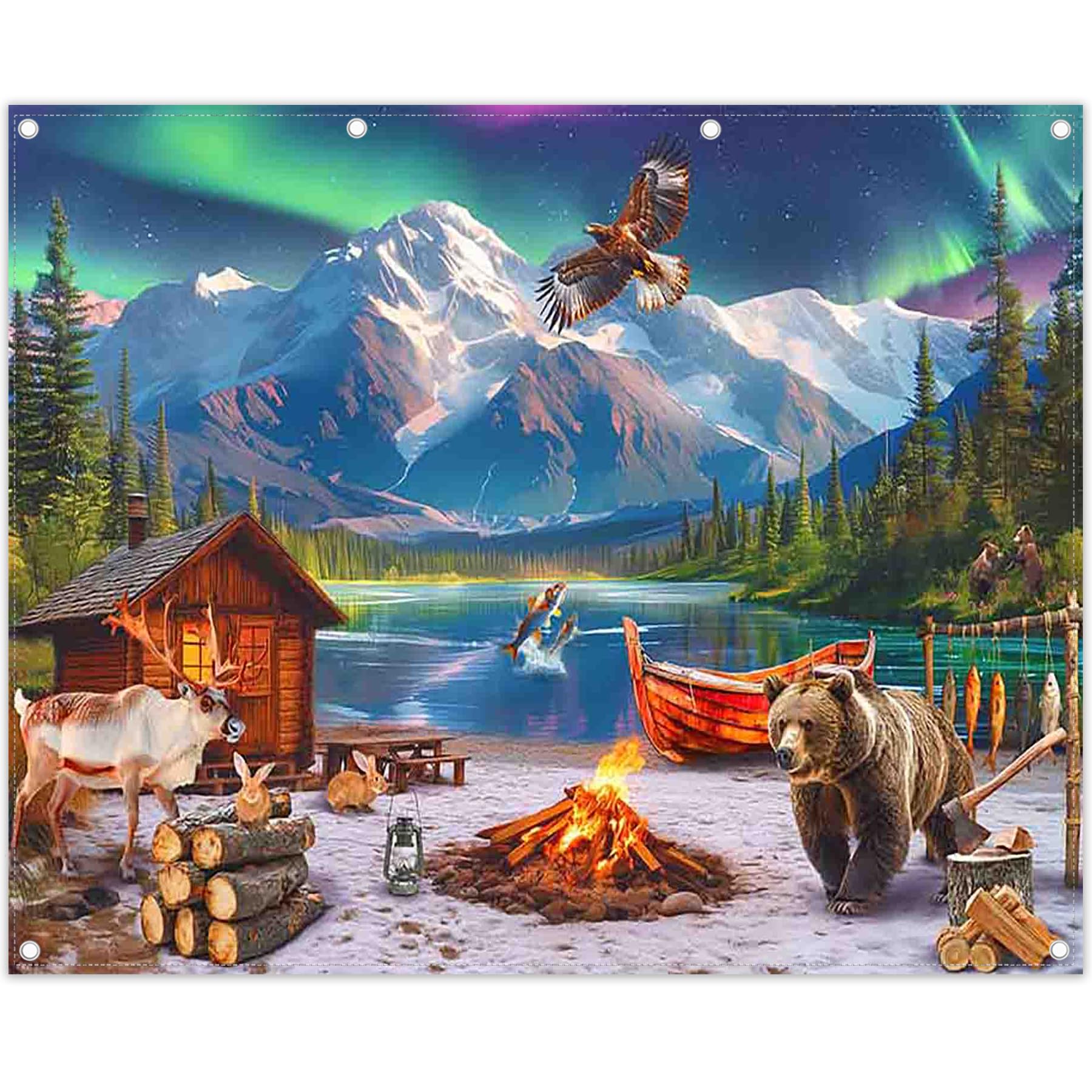 ZTHMOE Fabric 10x8ft Polar Animals Arctic Adventure Photography Backdrop Aurora Snow Mountain Campfire Camping Background Kids Adults Party