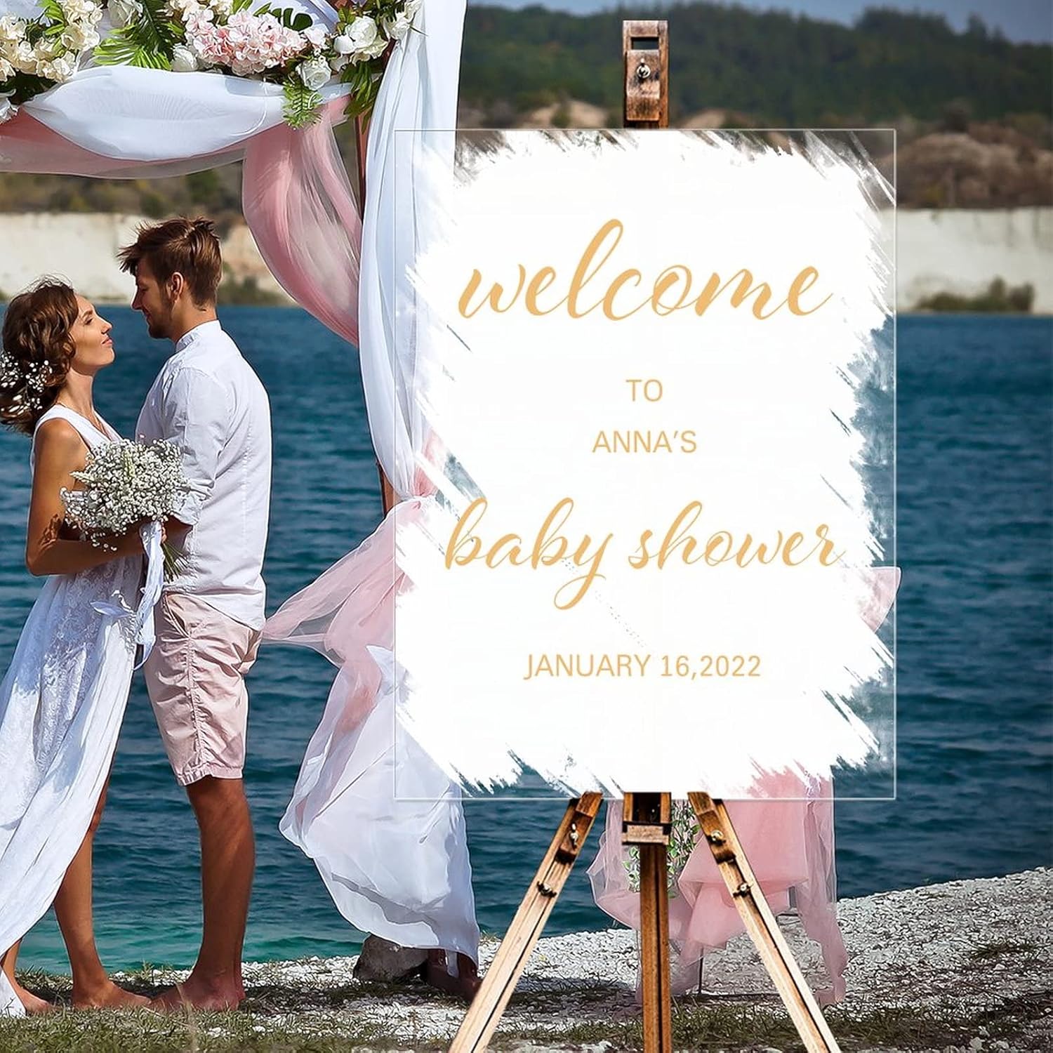 Personalized Name Welcome Wedding Signs Welcome To Baby Shower Modern Acrylic Wedding Welcome Sign White Brush Painted Elegant Gold Font Welcome Sign for Wedding Reception 18x24in