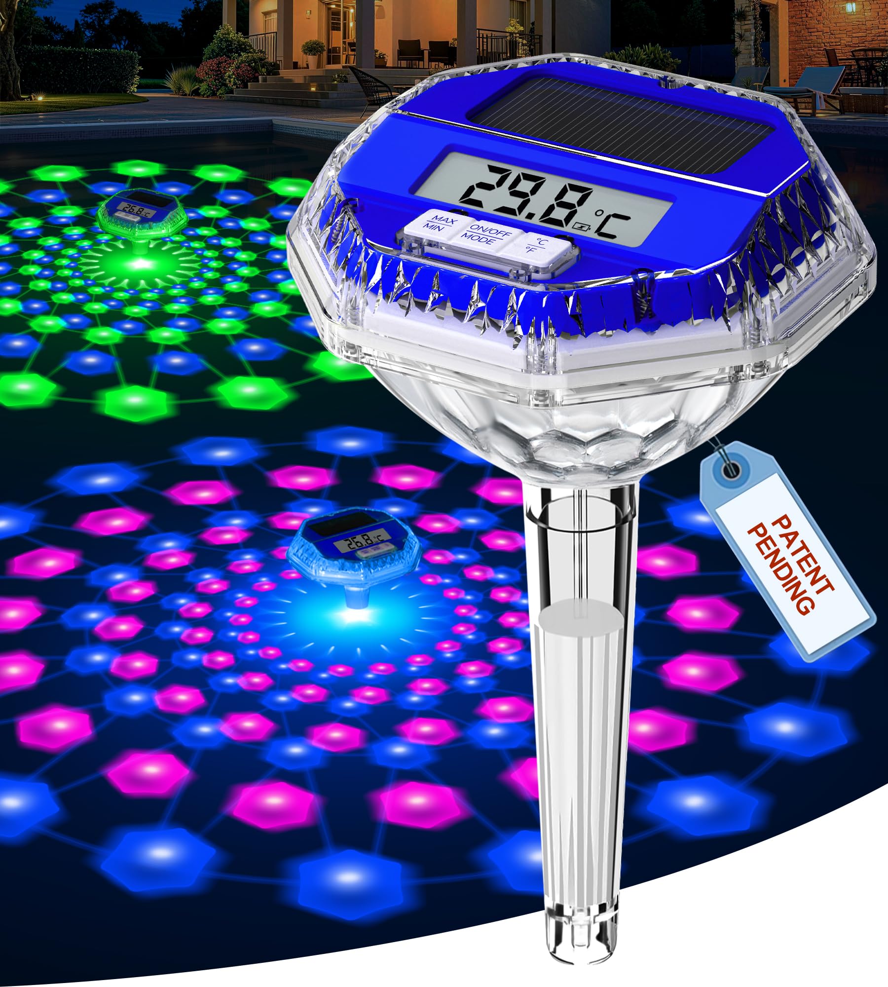 LuxBlue Termómetro Piscina Flotante, Termometro Piscina Solar con Espectáculo de Luz Subacuática, Termómetro Digital Piscinas con Pantalla LCD Grande Fácil de Leer,IP68 Termometro Bañera para Piscinas
