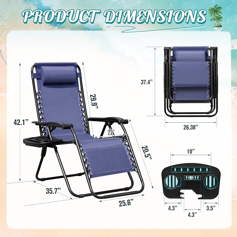 Homall Zero Gravity Chair Patio Folding Lawn Outdoor Lounge Gravity Camp Reclining Lounge Chair with Cup Holder Pillows for Poolside Backyard and Beach Set of 2 (Blue) image 3