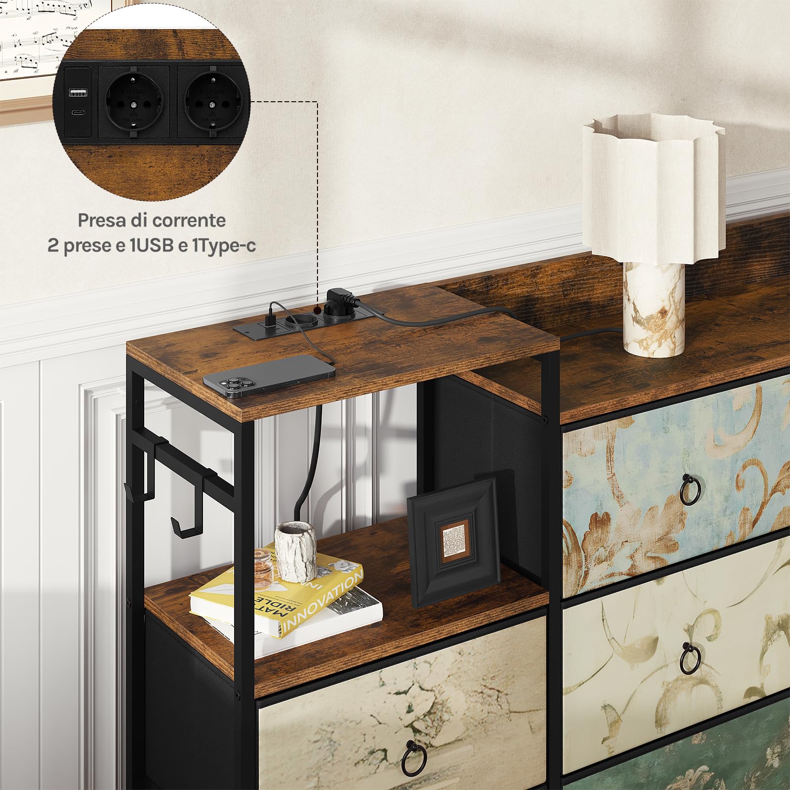 WOLTU Cassettiera a 8 Cassetti in Tessuto, Cassettiera per Camera da Letto, con Sezione di Ricarica e Ganci, Piani Legno e Struttura in Metallo, Marrone Rustico+Nero
