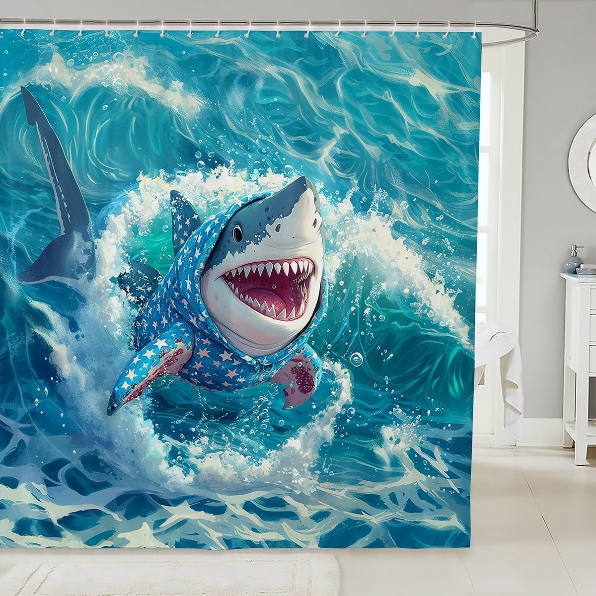 Erosebridall Baby Shark Shower Curtain 72" Wx72 L,Kawaii Shark Bathroom Shower Curtain Sets,Kawaii Ocean Sealife Curtains,Funny Sea Wave Waterproof Bathroom Curtains Summer Bedroom Decor for Kids