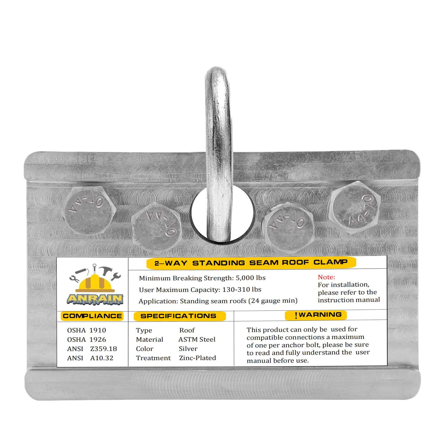 OSHA & ANSI Compliant 2-Way Standing Seam Roof Anchor Clamp, Non-Penetrating Design Galvanized Steel Roof Anchoring Clips, For Vertical Seam Metal Roof Or Securing Ladders, Breaking Strength 5000lbs