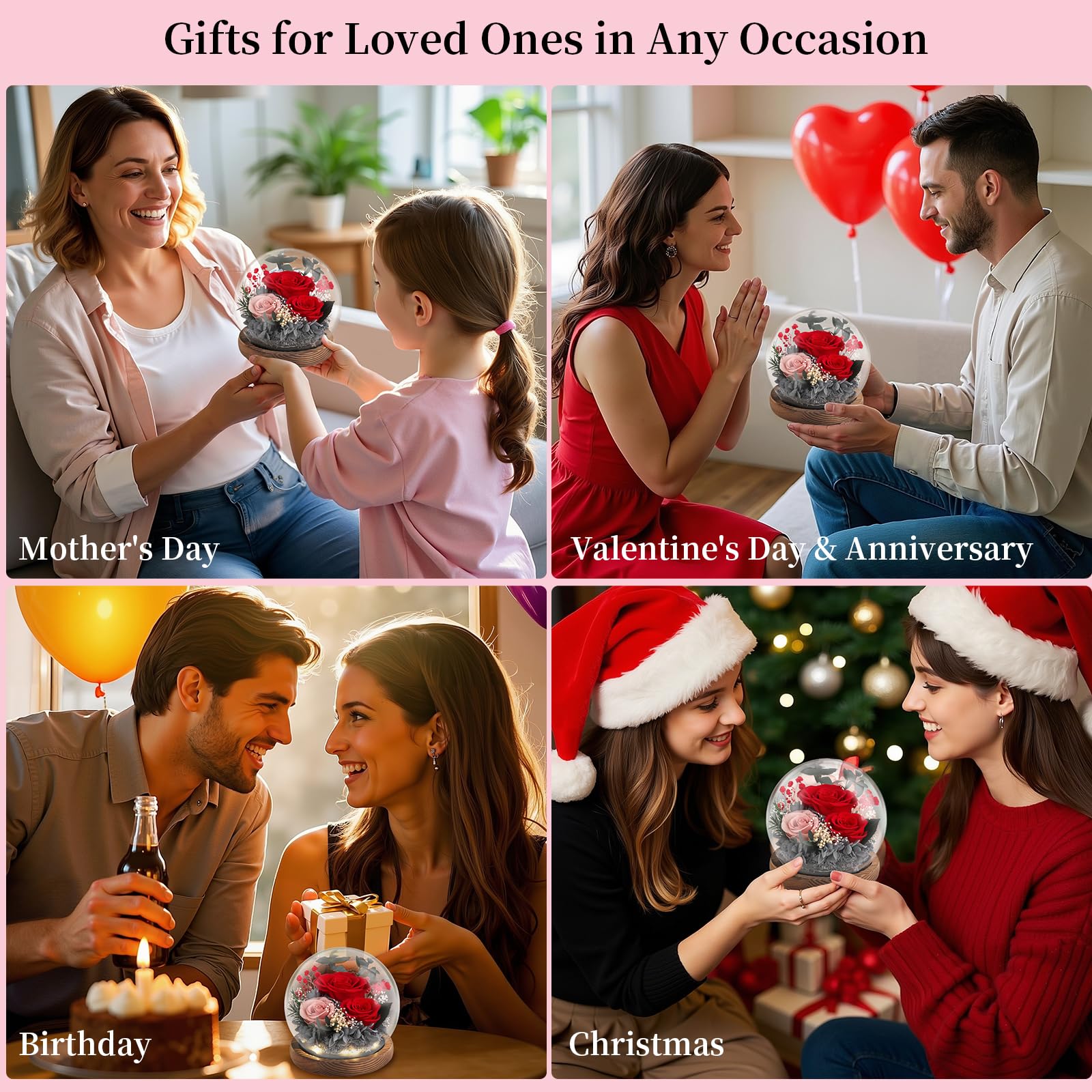 Emibele Mother's Day Eternal Rose Gifts for Mom, Preserved Real Rose in Glass Dome with LED Light for Decoration, Flowers for Delivery Prime, Gifts for Women Wife Her on Birthday Anniversary, Red