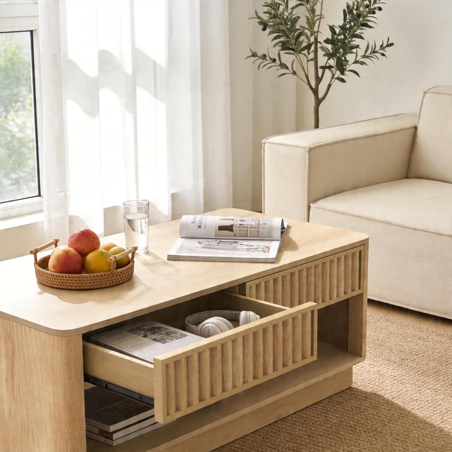 40" Coffee Table with Storage, Modern Fluted Coffee Table with Drawers and Open Shelf, Wood Rectangular Center Table for Living Room, Tea Table for Small Space, Natural