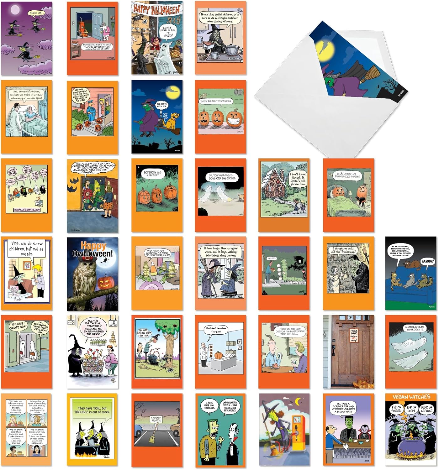 NobleWorks 36 Assorted Box Set Funny Halloween Greeting Cards w/5 x 7 Inch Envelopes (36 Designs, 1 Each) Monster Mash-Up AC8778HWG-B1x36