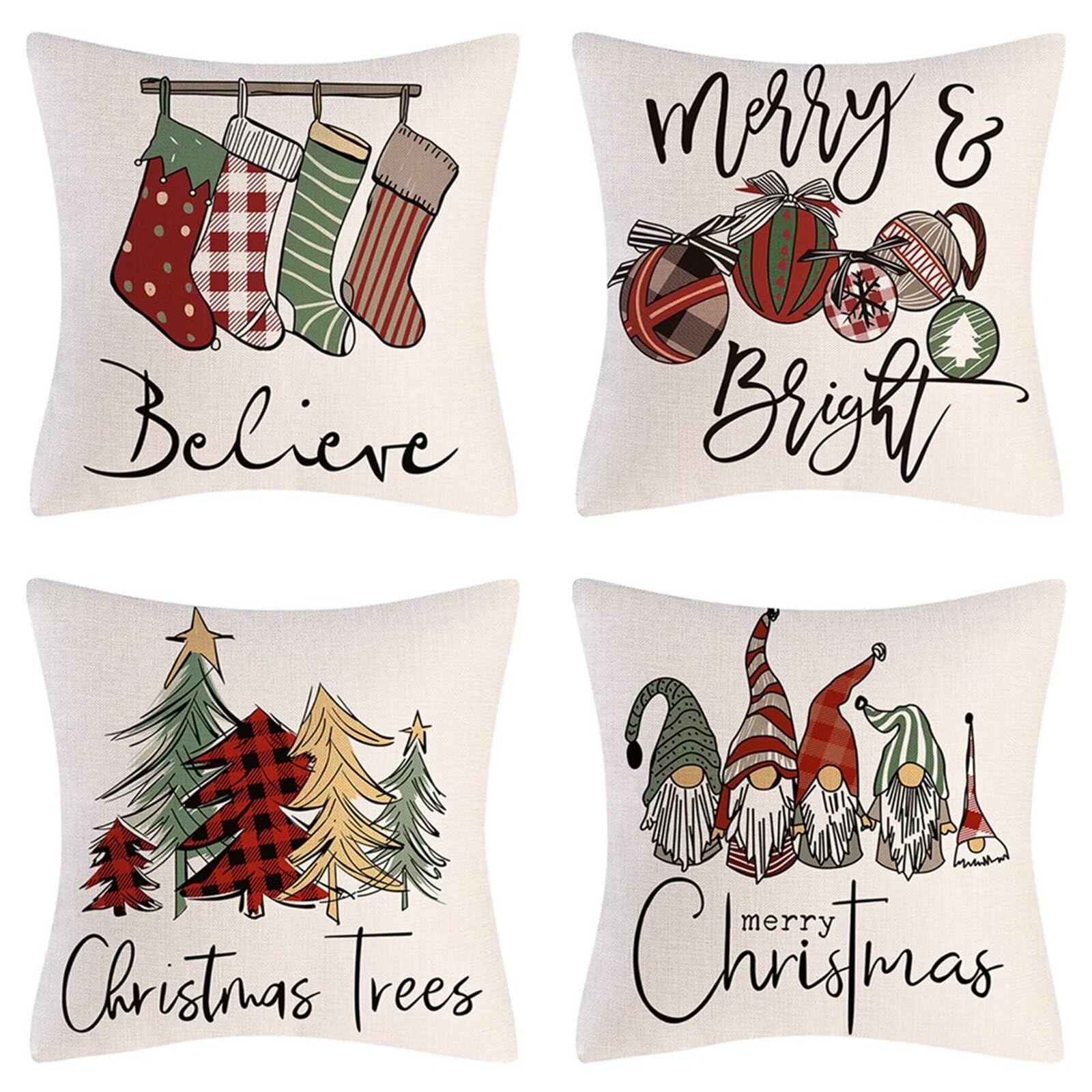 Housse de coussin Noël 50x50 lot de 4 en lin avec motifs chaussettes naines pour salon