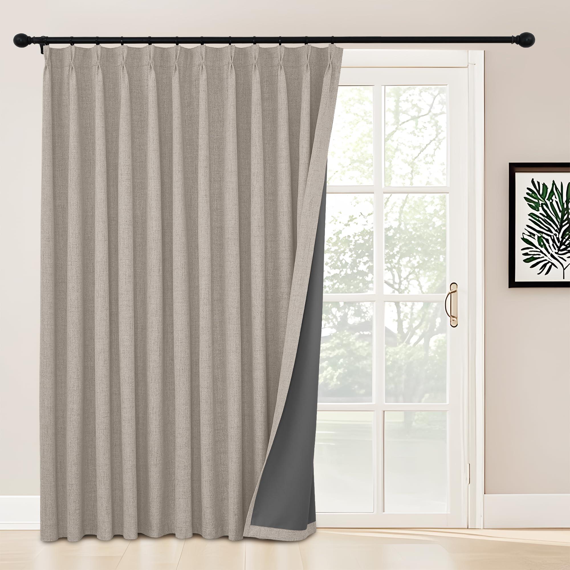 StangH 100% Blackout Pinch Pleated Curtains 96 inches, Beige Linen Textured Farmhouse Boho Home Decor Thermal Insulated Floor to Ceiling Drapes for Living Room, W72 x L96, 1 Panel