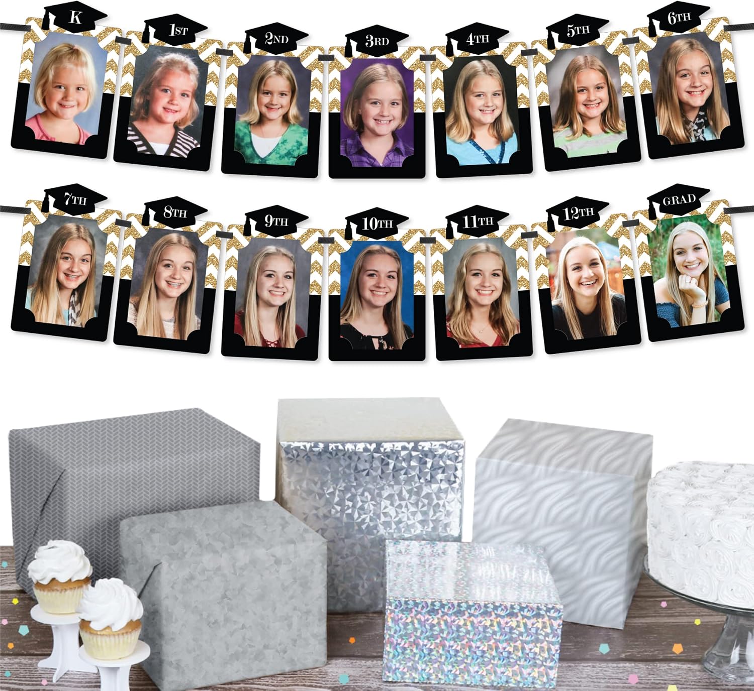 Big Dot of Happiness Tassel Worth the Hassle - Gold - DIY Graduation Party Decor - K-12 School Picture Display - Photo Banner and 8 x 10 inches School Photo Holder Display Bundle Virtual Bundle