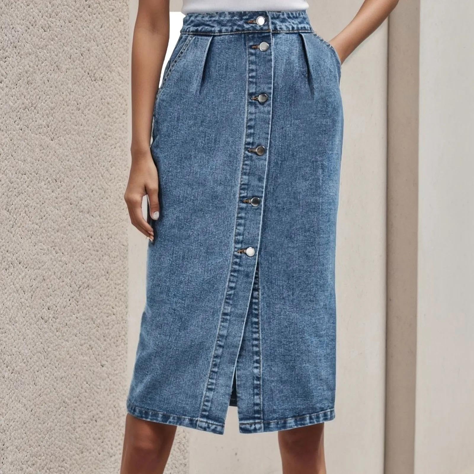 Rock Damen Langer Taille Skirt Linie Falten Frauen Denim Röcke Hohe Taille Knie Länge Röcke Mit