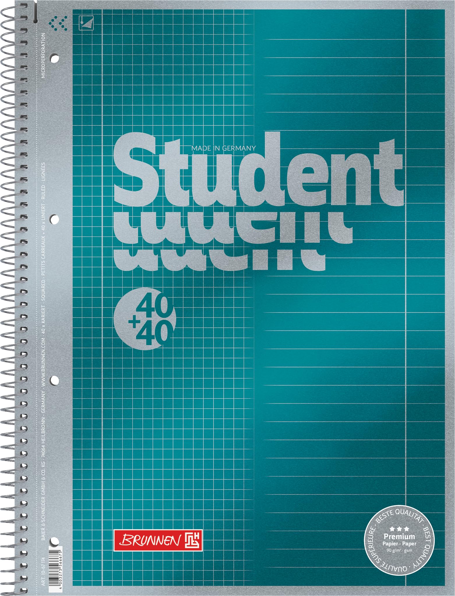 BRUNNEN Collegeblock Premium Student „DUO“ | A4, kariert/liniert, 80 Blatt, petrol